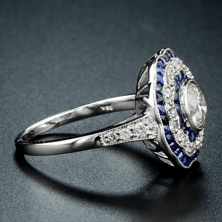 Round Cut Diamond 0.72 Carat Blue Sapphire Engagement Ring