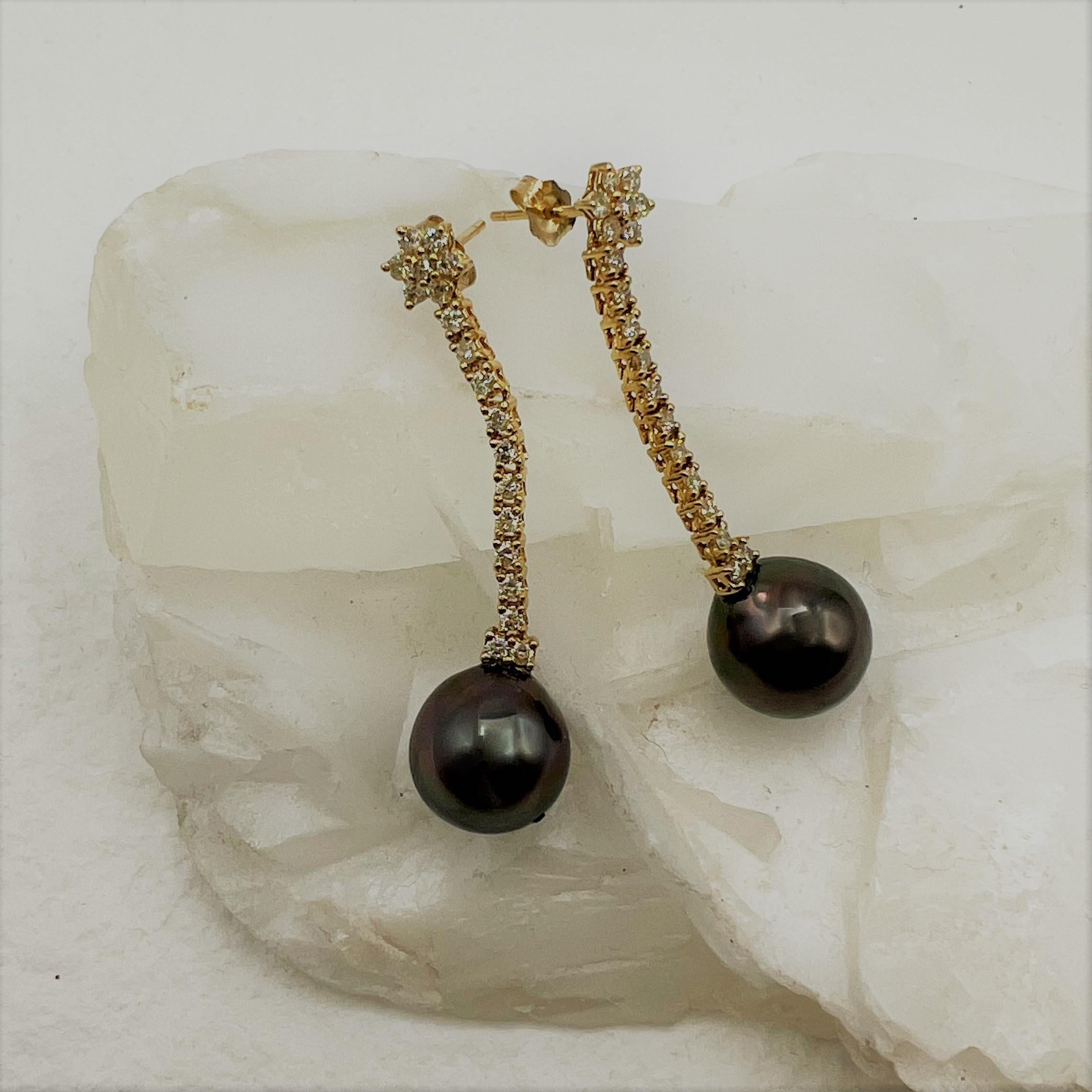 Modernist Diamond 0.76 TW Carats and Tahitian Pearl Drop Post  Earrings For Sale