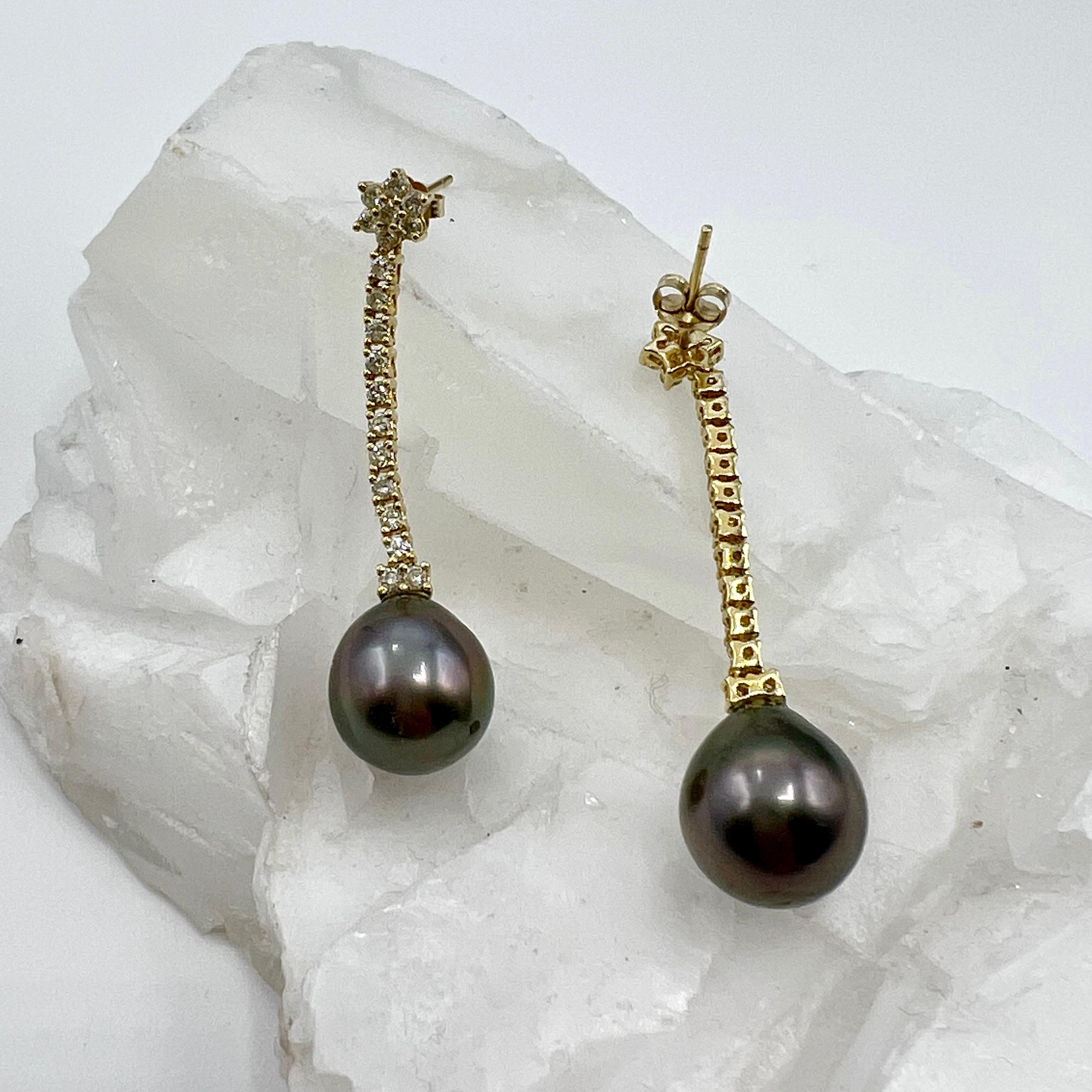 Women's Diamond 0.76 TW Carats and Tahitian Pearl Drop Post  Earrings For Sale