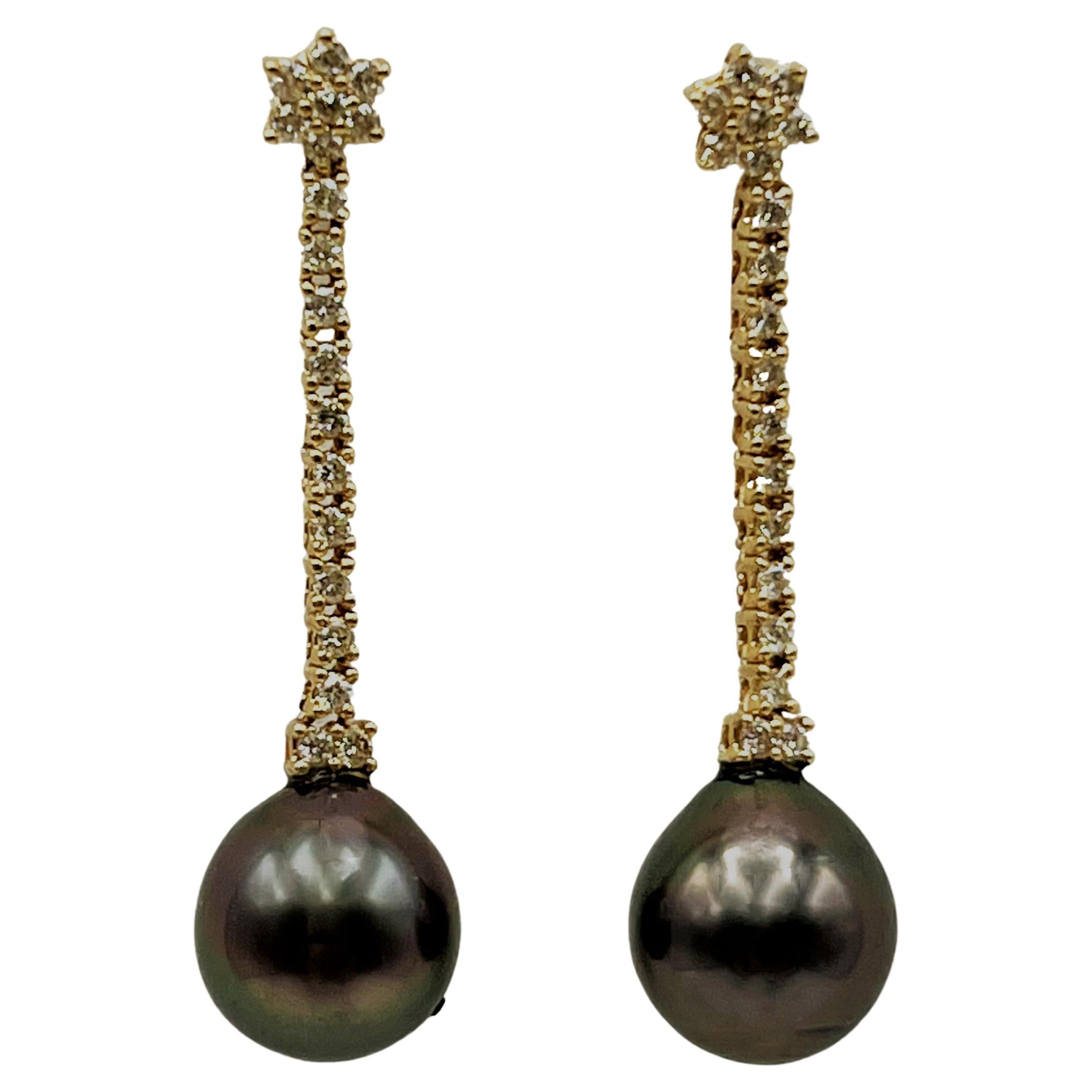 Diamond 0.76 TW Carats and Tahitian Pearl Drop Post  Earrings For Sale