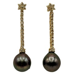 Diamond 0.76 TW Carats and Tahitian Pearl Drop Post  Earrings