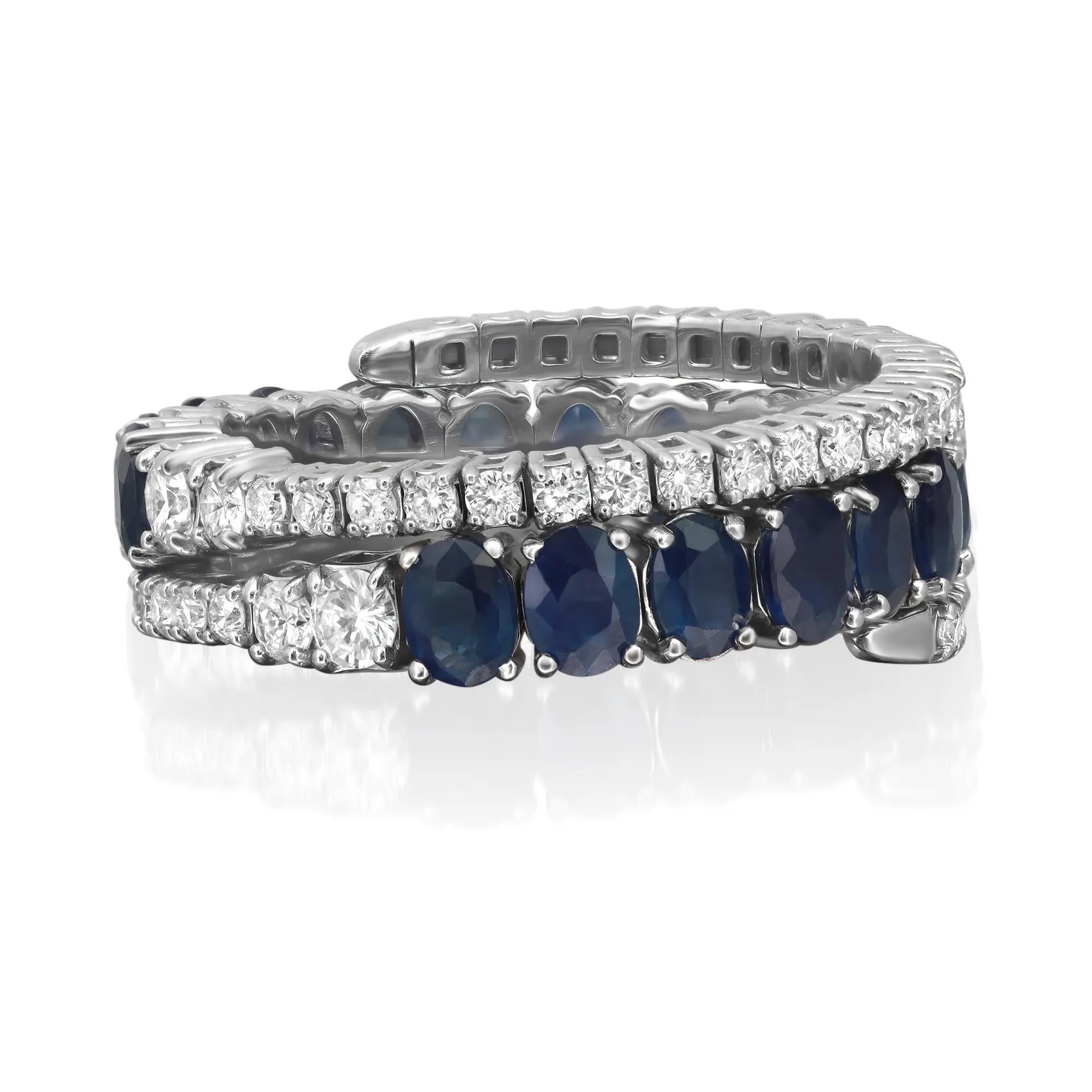 Modern Diamond 0.77Ctw & Blue Sapphire 3.98Ctw Spiral Band Ring 14K White Gold Size 7 For Sale