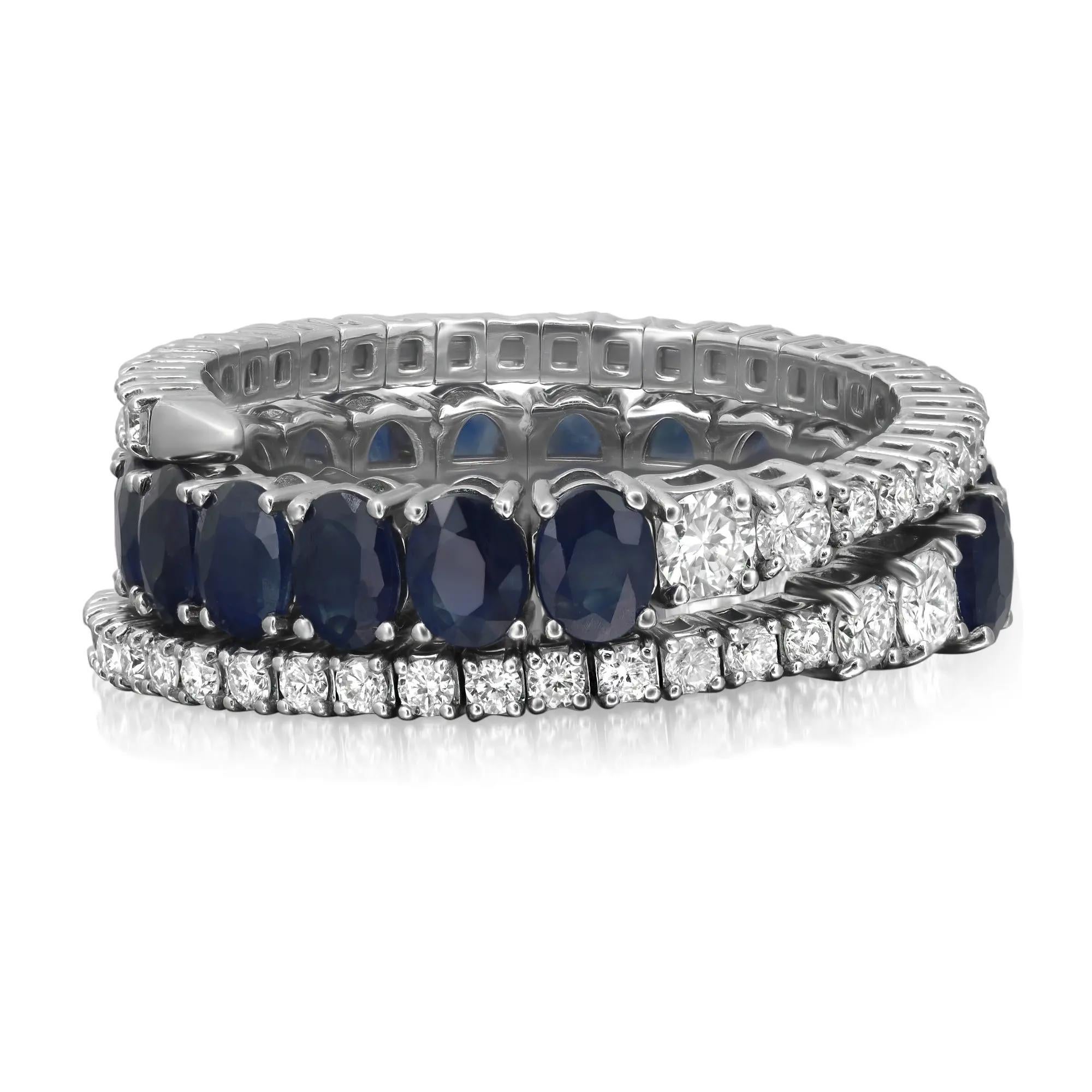 Oval Cut Diamond 0.77Ctw & Blue Sapphire 3.98Ctw Spiral Band Ring 14K White Gold Size 7 For Sale