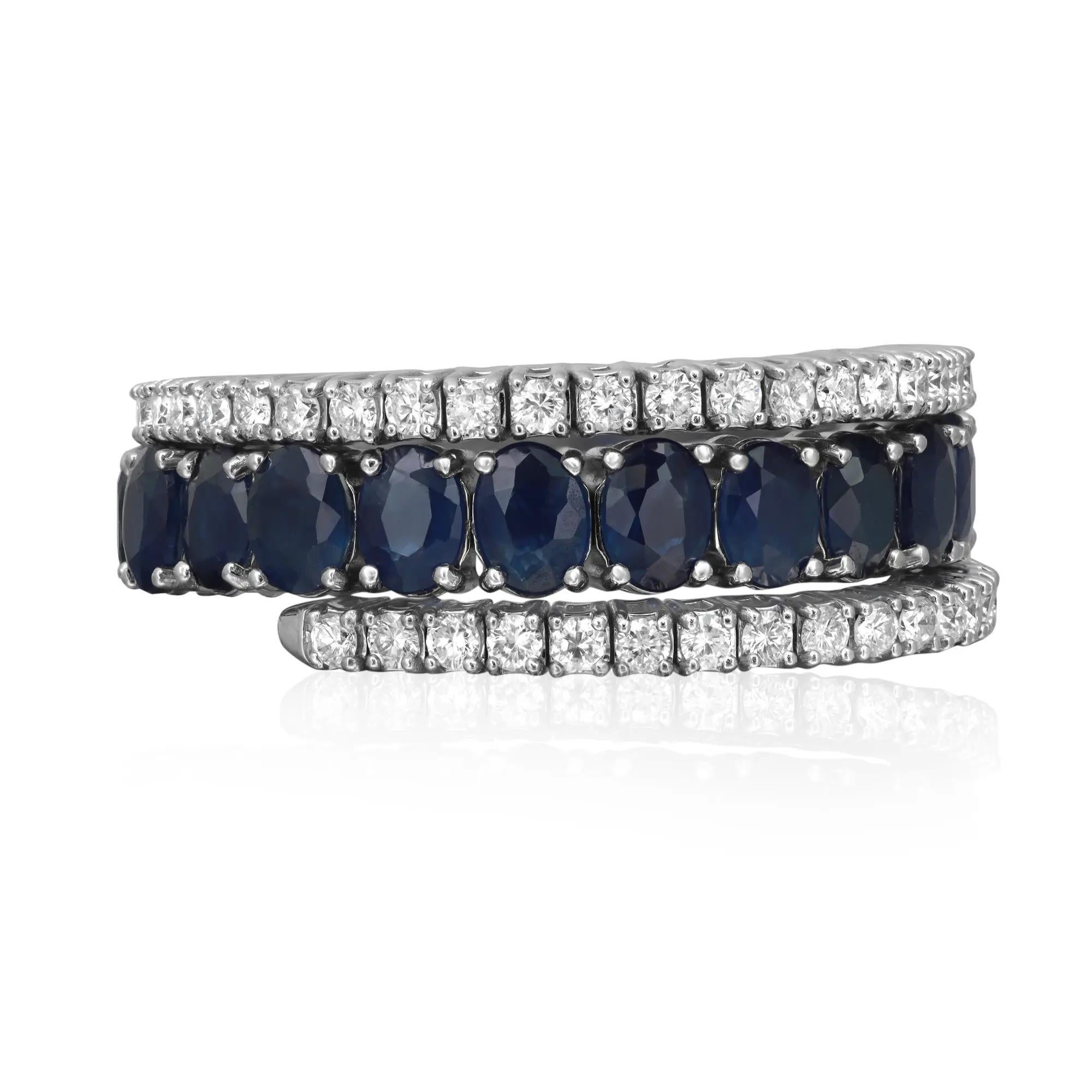 Diamond 0.77Ctw & Blue Sapphire 3.98Ctw Spiral Band Ring 14K White Gold Size 7