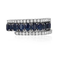 Diamond 0.77Ctw & Blue Sapphire 3.98Ctw Spiral Band Ring 14K White Gold Size 7