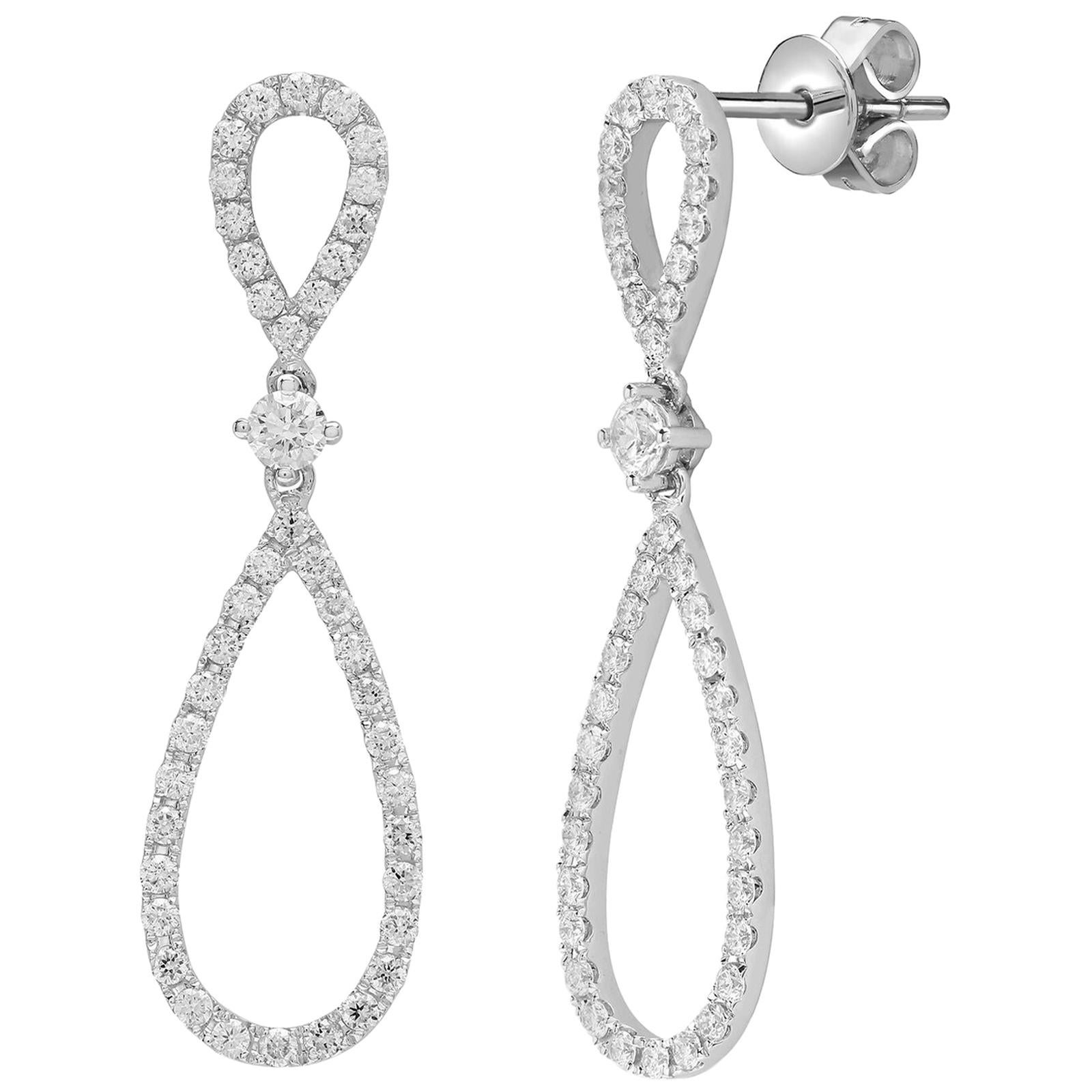 Diamond 1 Carat Round Cut 18 Karat White Gold Drop Infinity Dangle Stud Earrings For Sale