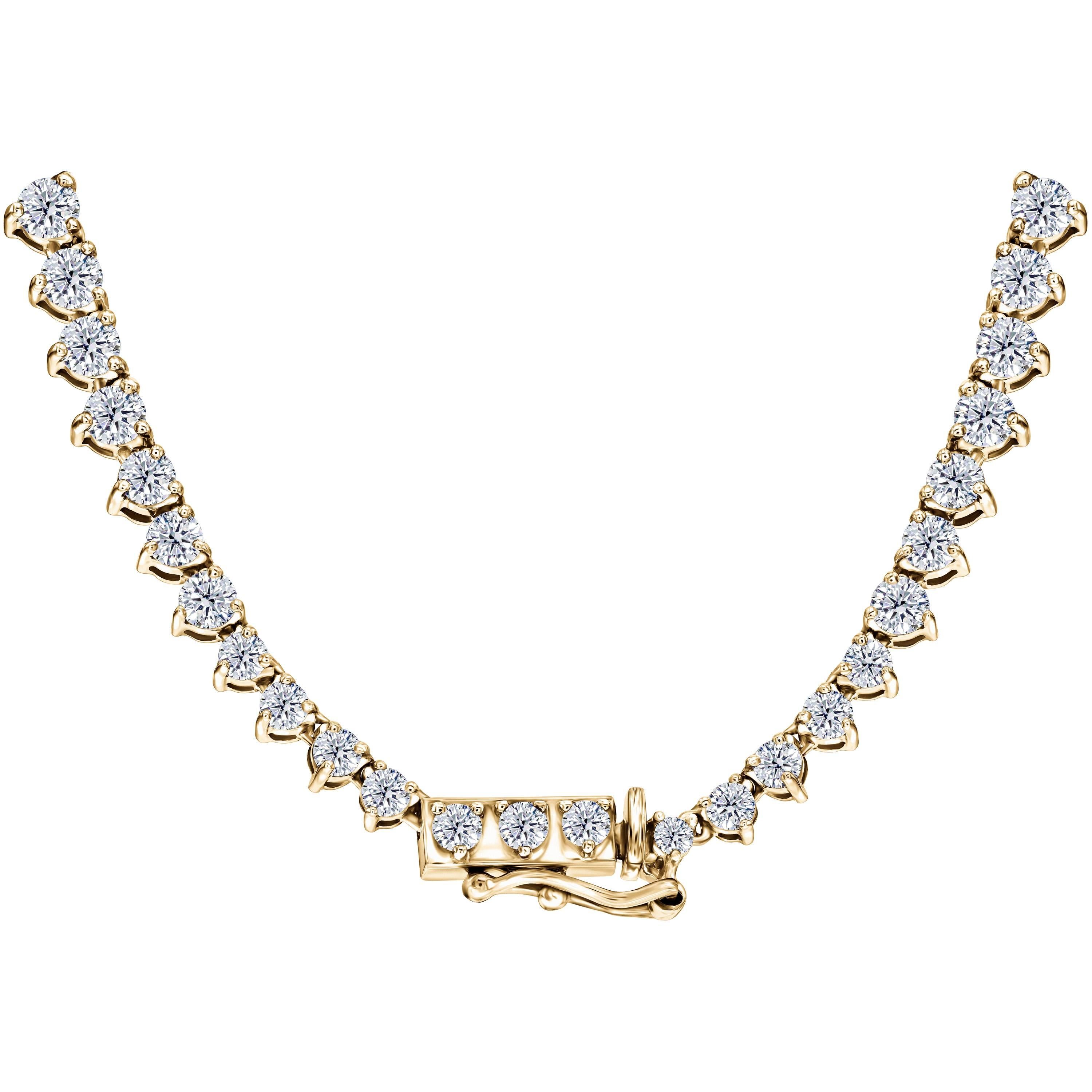 Made to order, this Spectacular 17 inch 10 Carat Round Brilliant G / H-SI Diamond Graduated Necklace featuring White Diamonds set with three Claws in 18 Karat Yellow Gold. Also available in White and Rose Gold. British Hallmarked.


