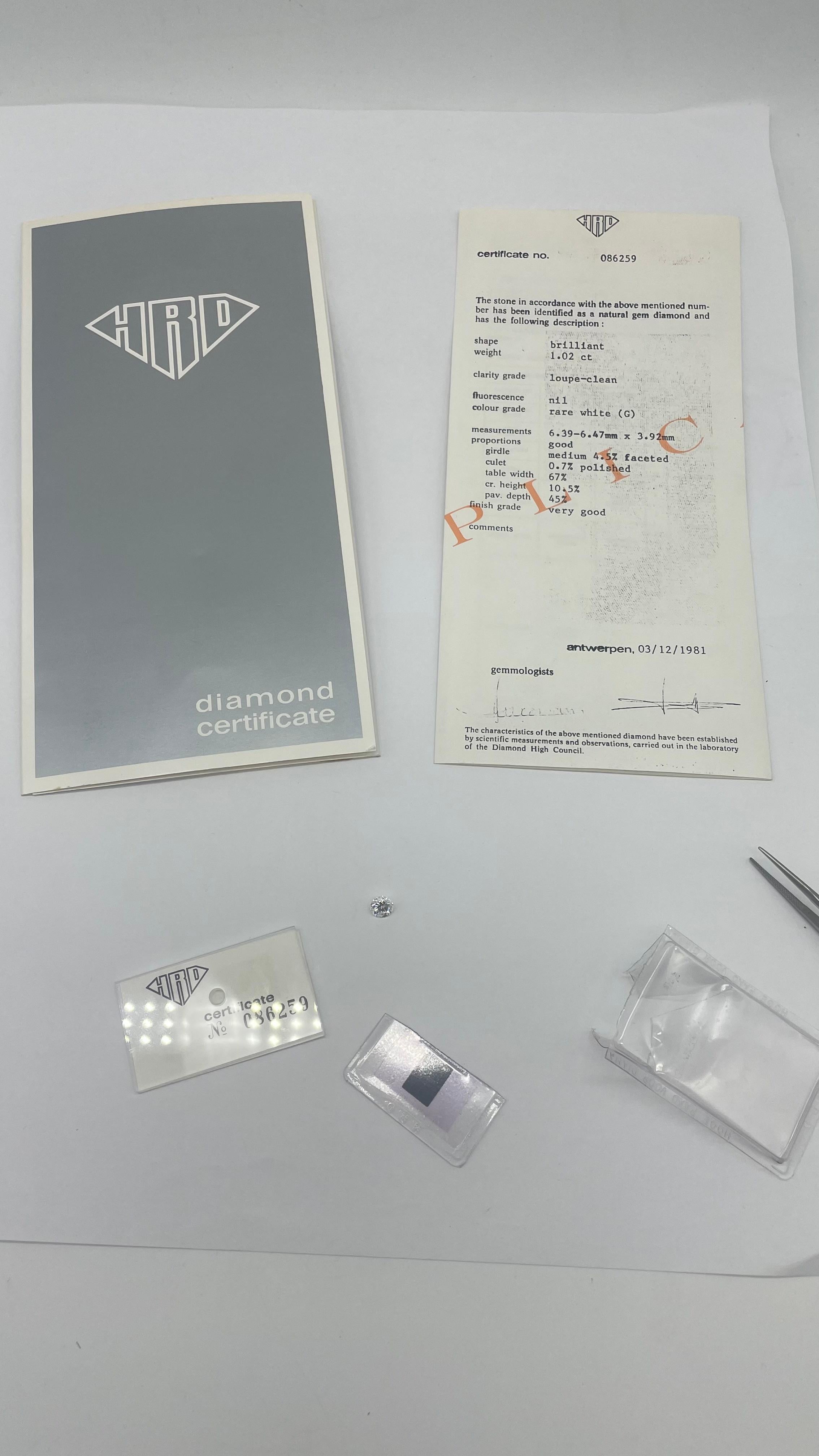 Diamond 1.02 carat clarity: internally flawless color: rare white (G) by HRD For Sale 2