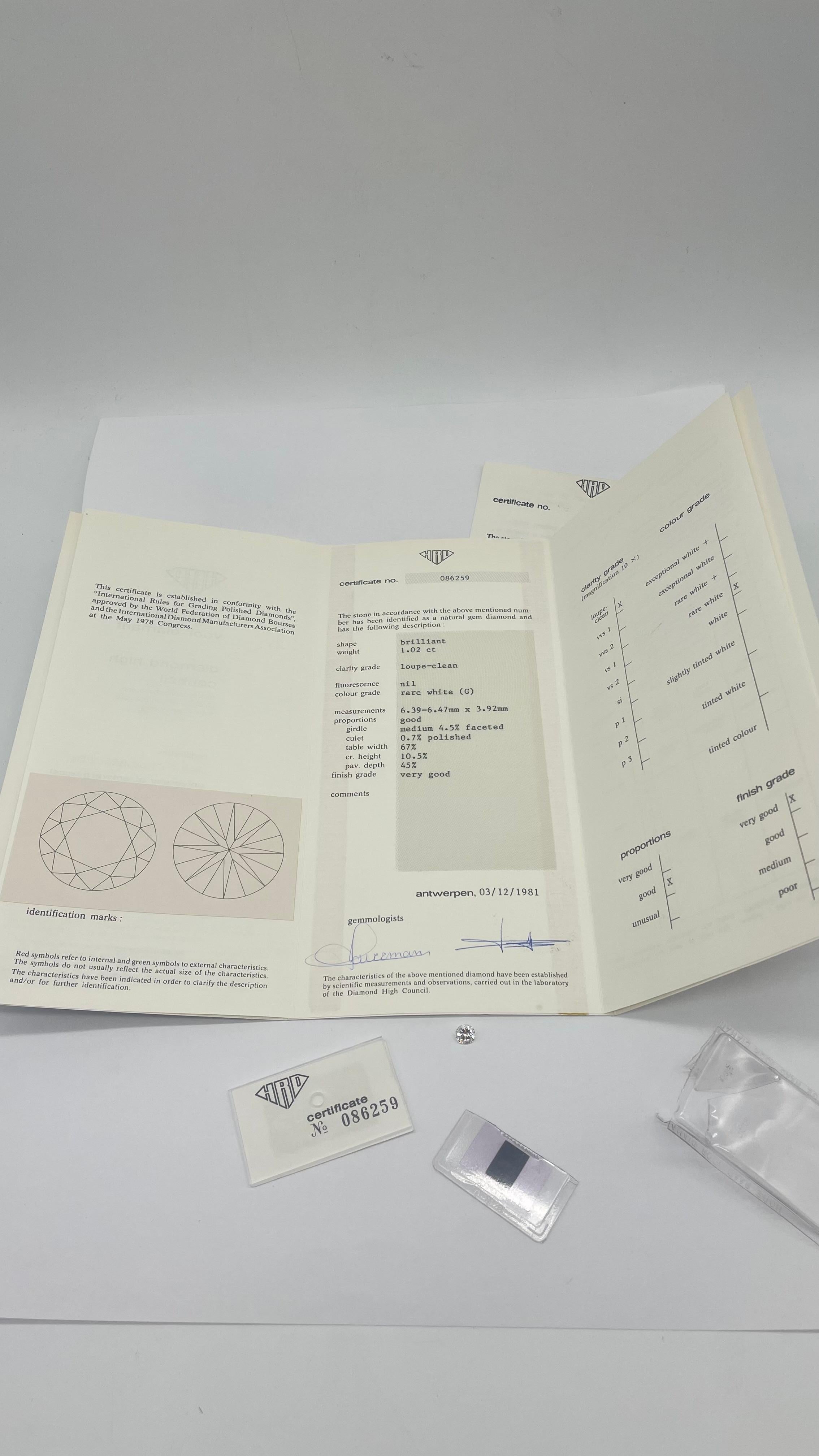 Diamond 1.02 carat clarity: internally flawless color: rare white (G) by HRD For Sale 2