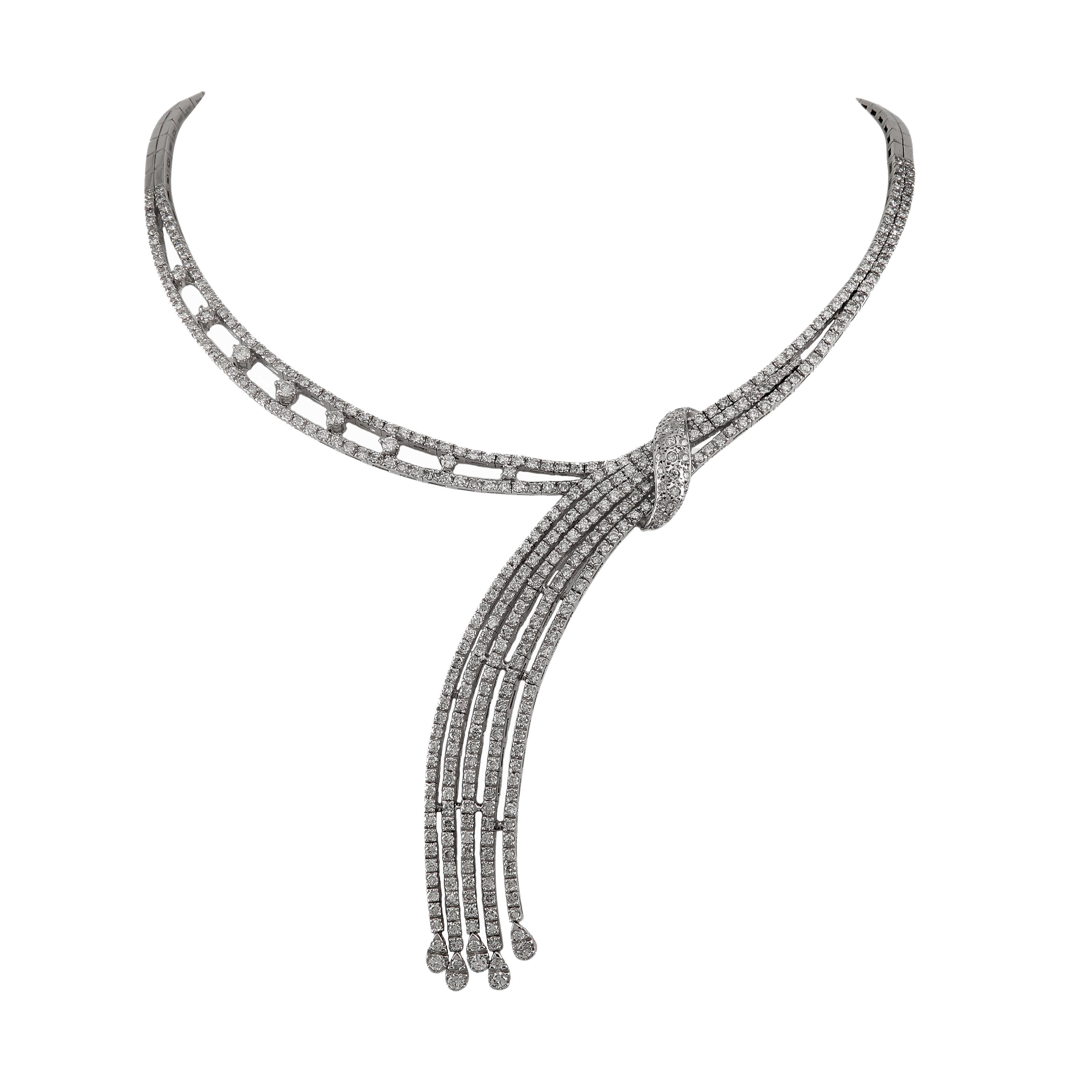 Round Cut Diamond 10.50 Carat White Gold Waterfall Necklace For Sale