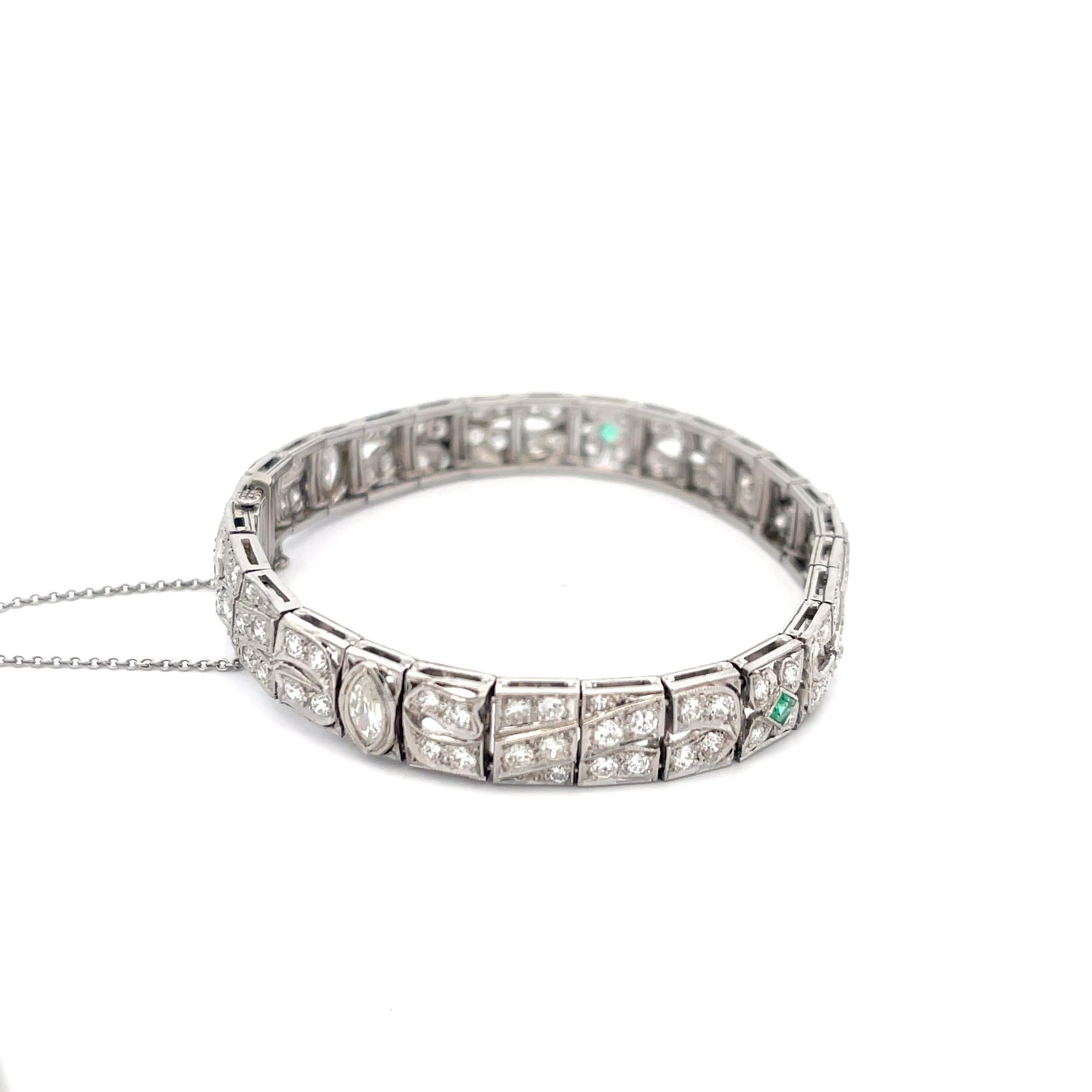 Echtes Art Deco Diamant- und Smaragdarmband aus Platin im Zustand „Hervorragend“ im Angebot in Dallas, TX