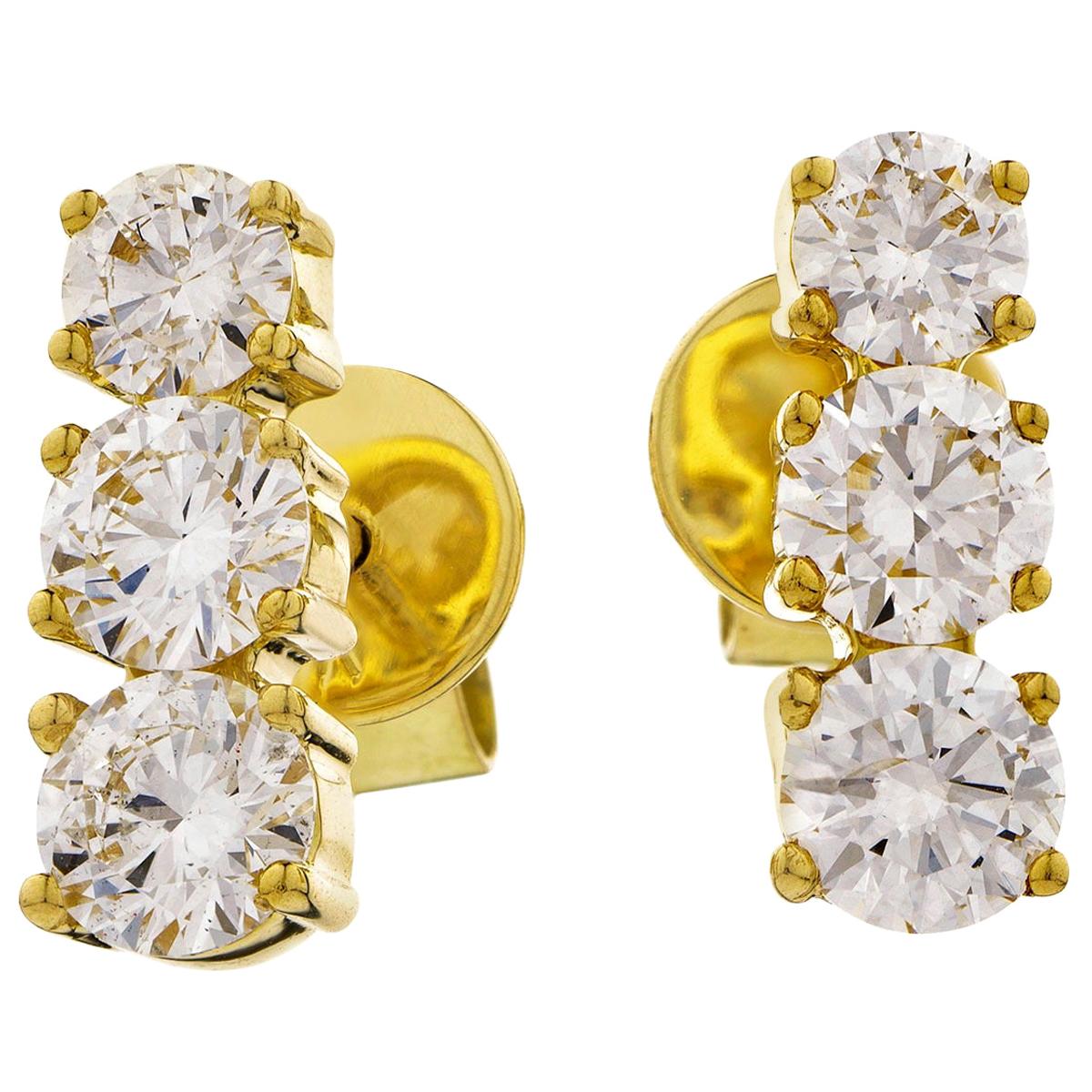 Diamond 1.10 Carat Three Stone Round Cut 18 Karat Yellow Gold Drop Stud Earrings