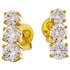 Clous d'oreilles en goutte en or jaune 18 carats à trois pierres et diamants de 1,10 carat