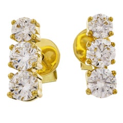 Diamond 1.10 Carat Three-Stone Round Cut 18 Karat Yellow Gold Drop Stud Earrings