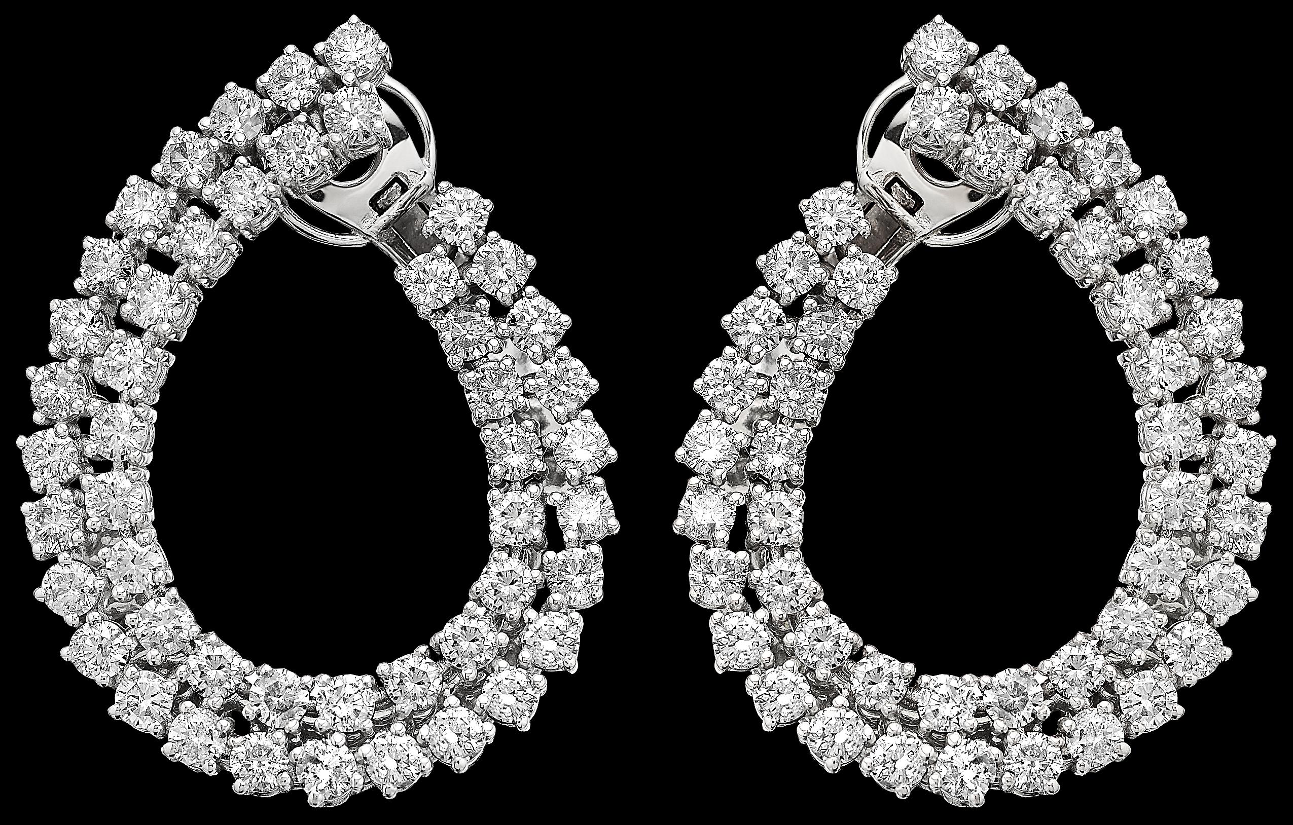 Retro Diamond Double Hoop Earrings, in 18K White Gold, Oval, Easy to Wear Fittings