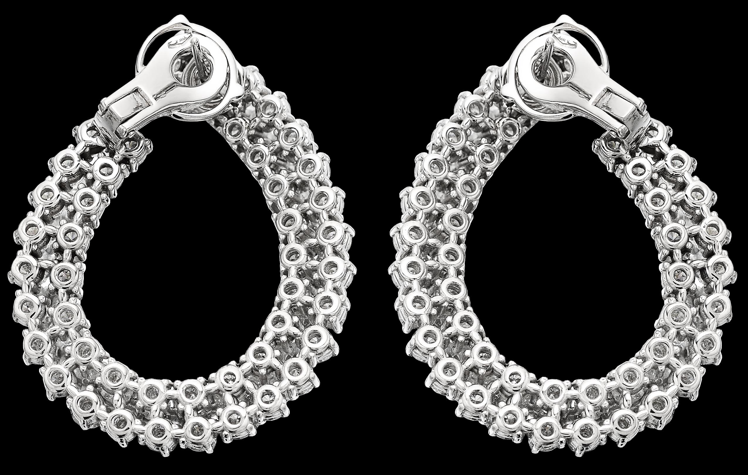 Round Cut Diamond Double Hoop Earrings, in 18K White Gold, Oval, Easy to Wear Fittings