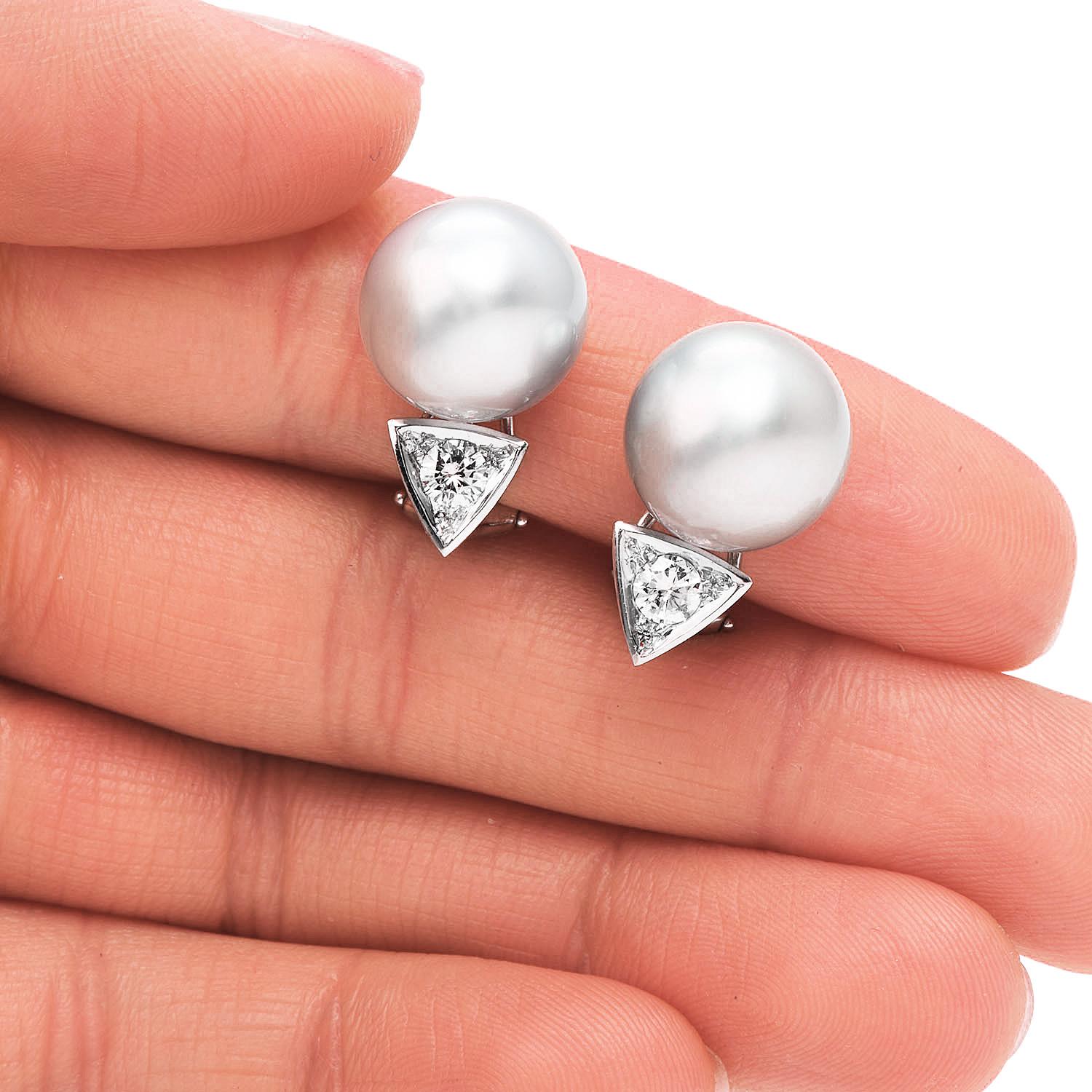 Modern Diamond Grey South Sea Pearl 18k White Stud Earrings