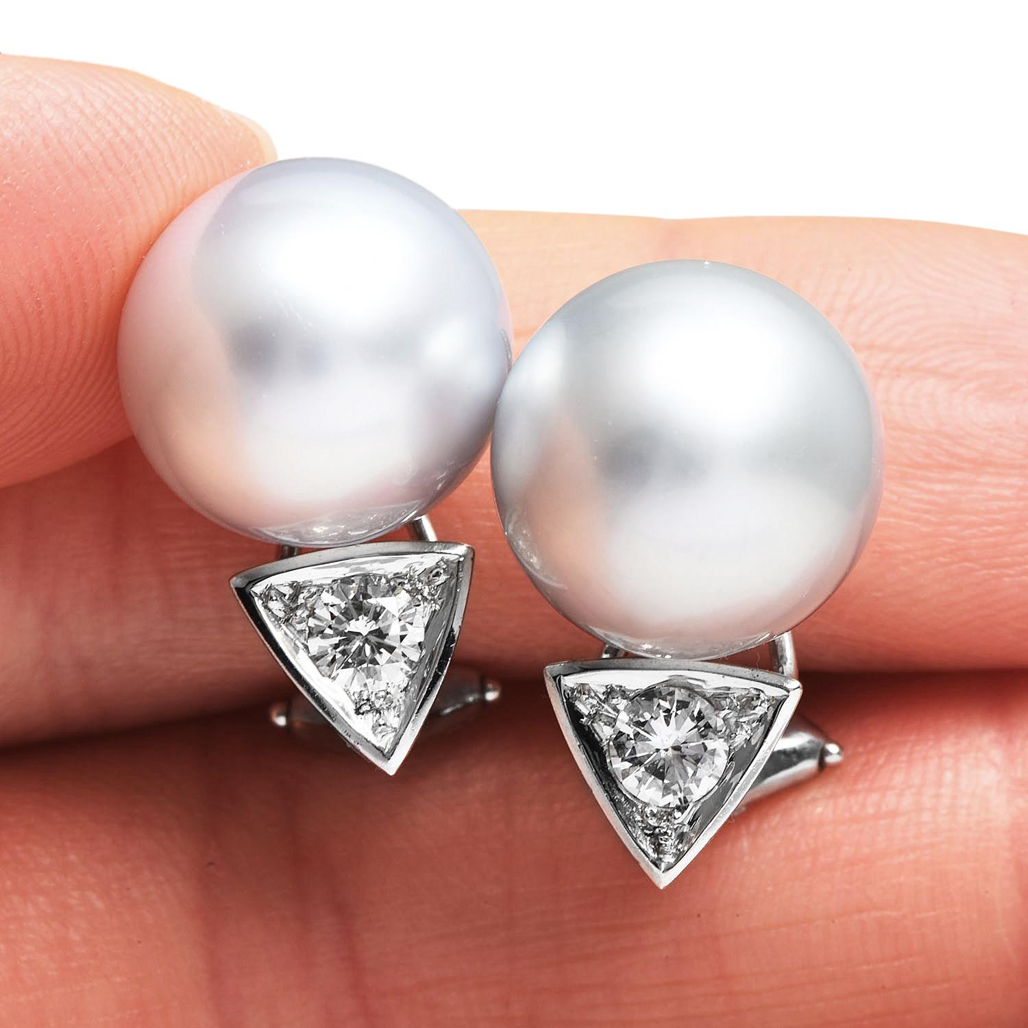Round Cut Diamond Grey South Sea Pearl 18k White Stud Earrings