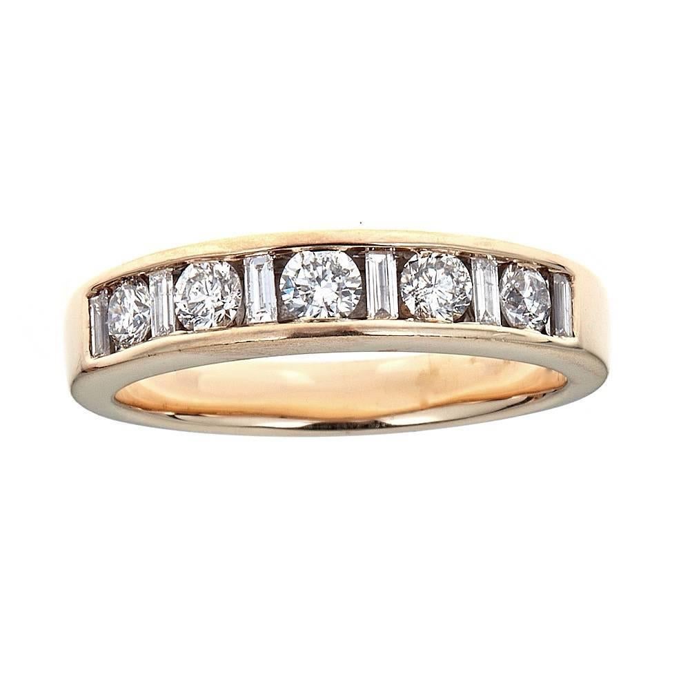 1 TCW Round and Baguette Diamond Wedding Band in 14 karat Yellow Gold Ring For Sale