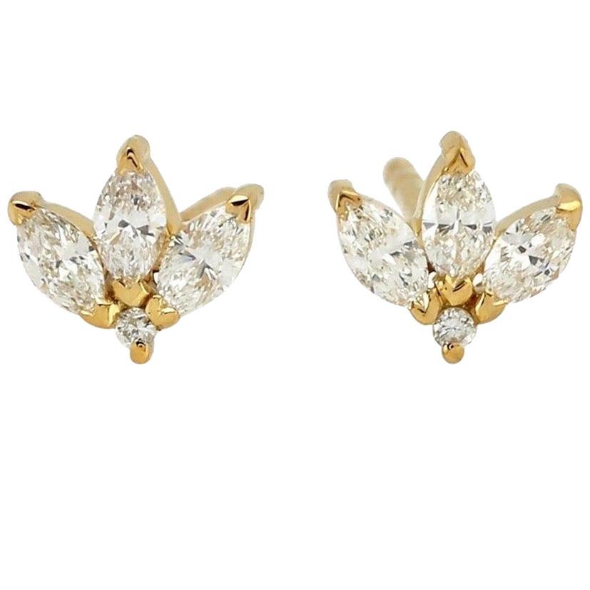 Diamond 14 Karat Gold Leaf Stud Earrings For Sale