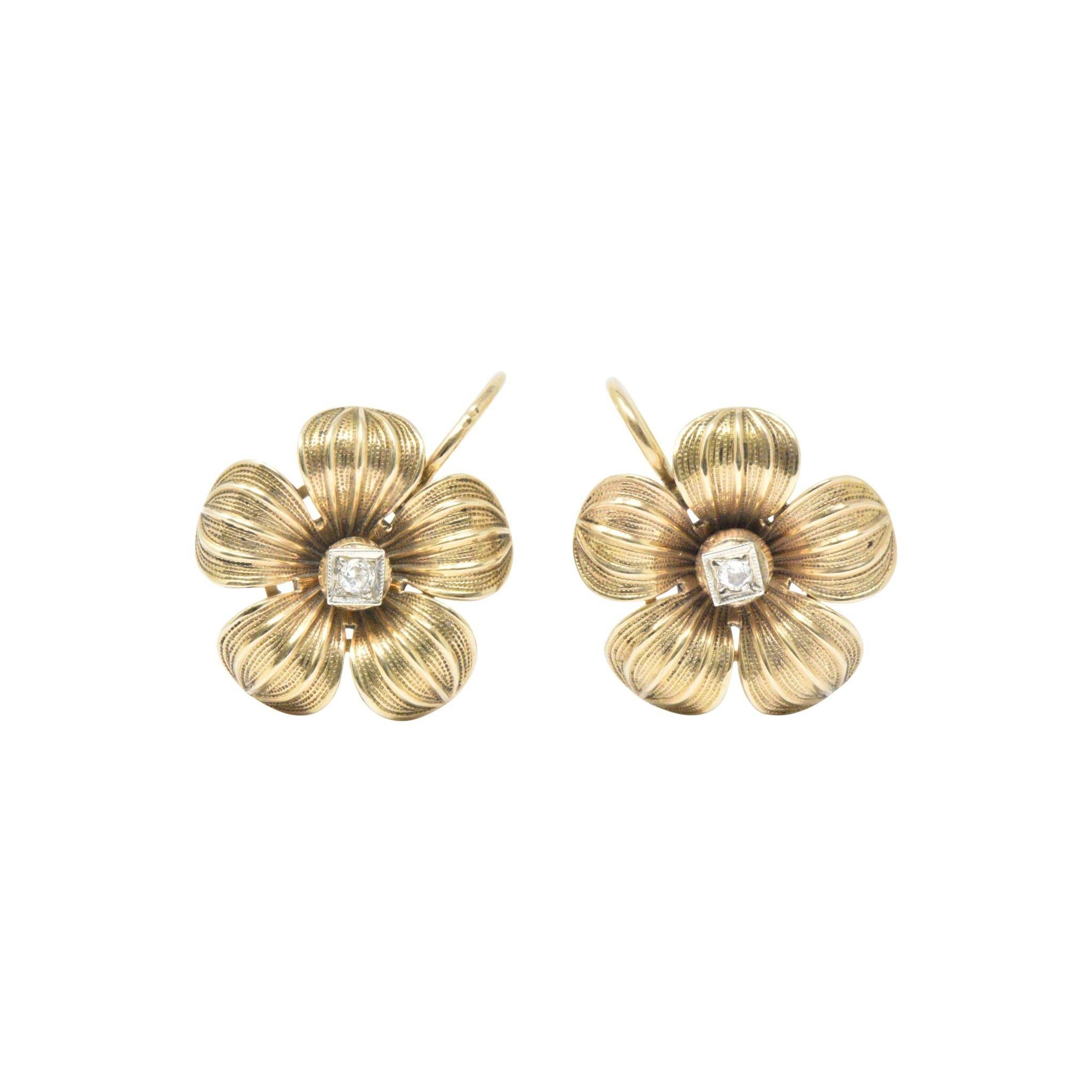 Diamond 14 Karat Gold Victorian Flower Earrings In Excellent Condition In Philadelphia, PA