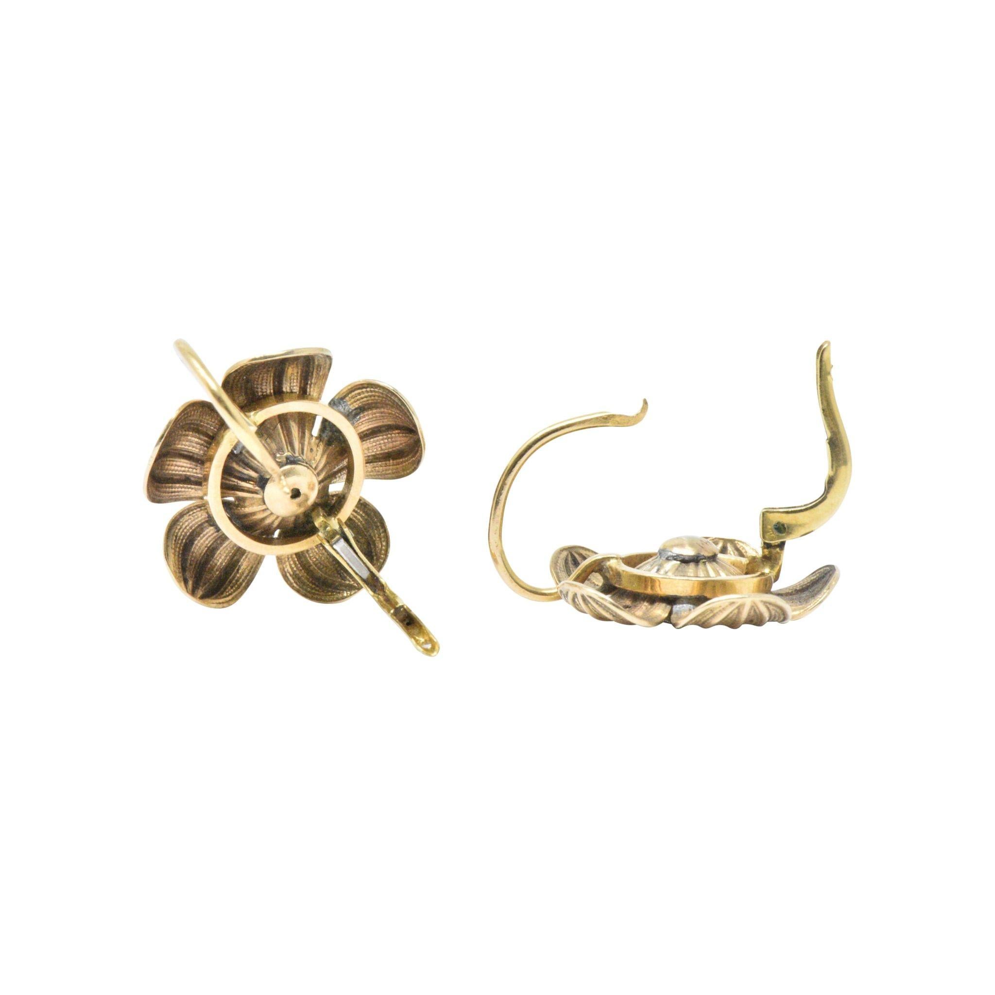 Women's or Men's Diamond 14 Karat Gold Victorian Flower Earrings