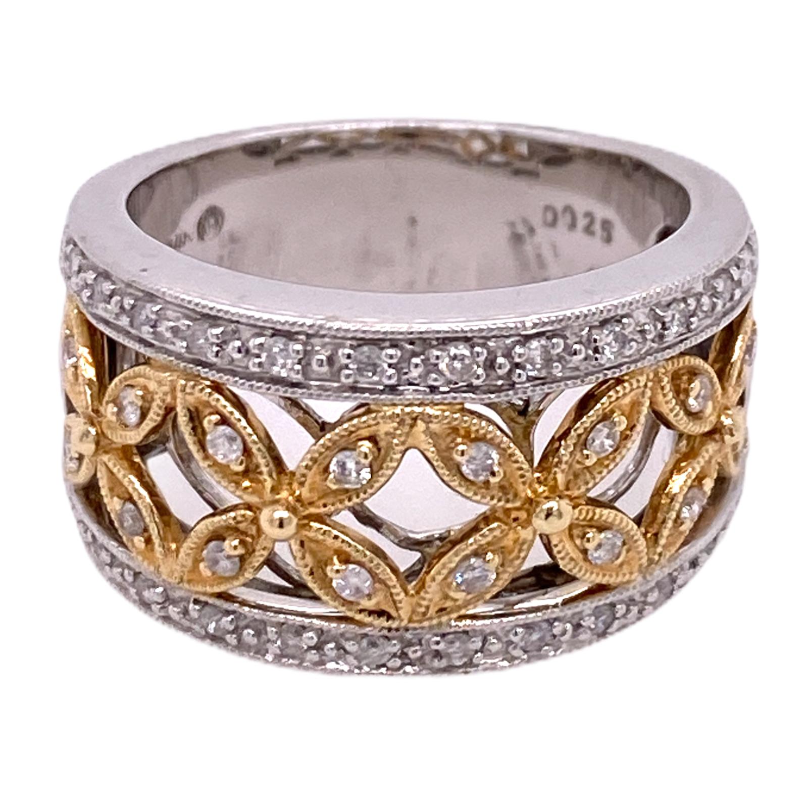 Diamond 14 Karat Two Tone Gold Lattice Vintage Styled Gold Lattice Round Set