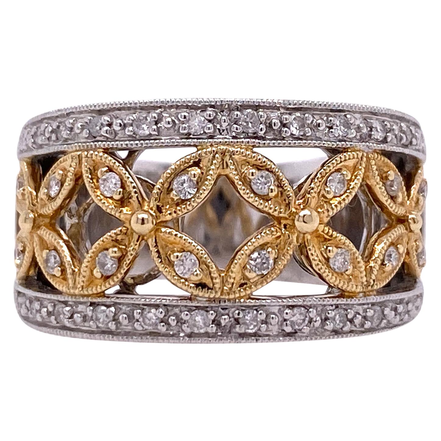 Diamond 14 Karat Two Tone Gold Lattice Vintage Styled Gold Lattice Round Set