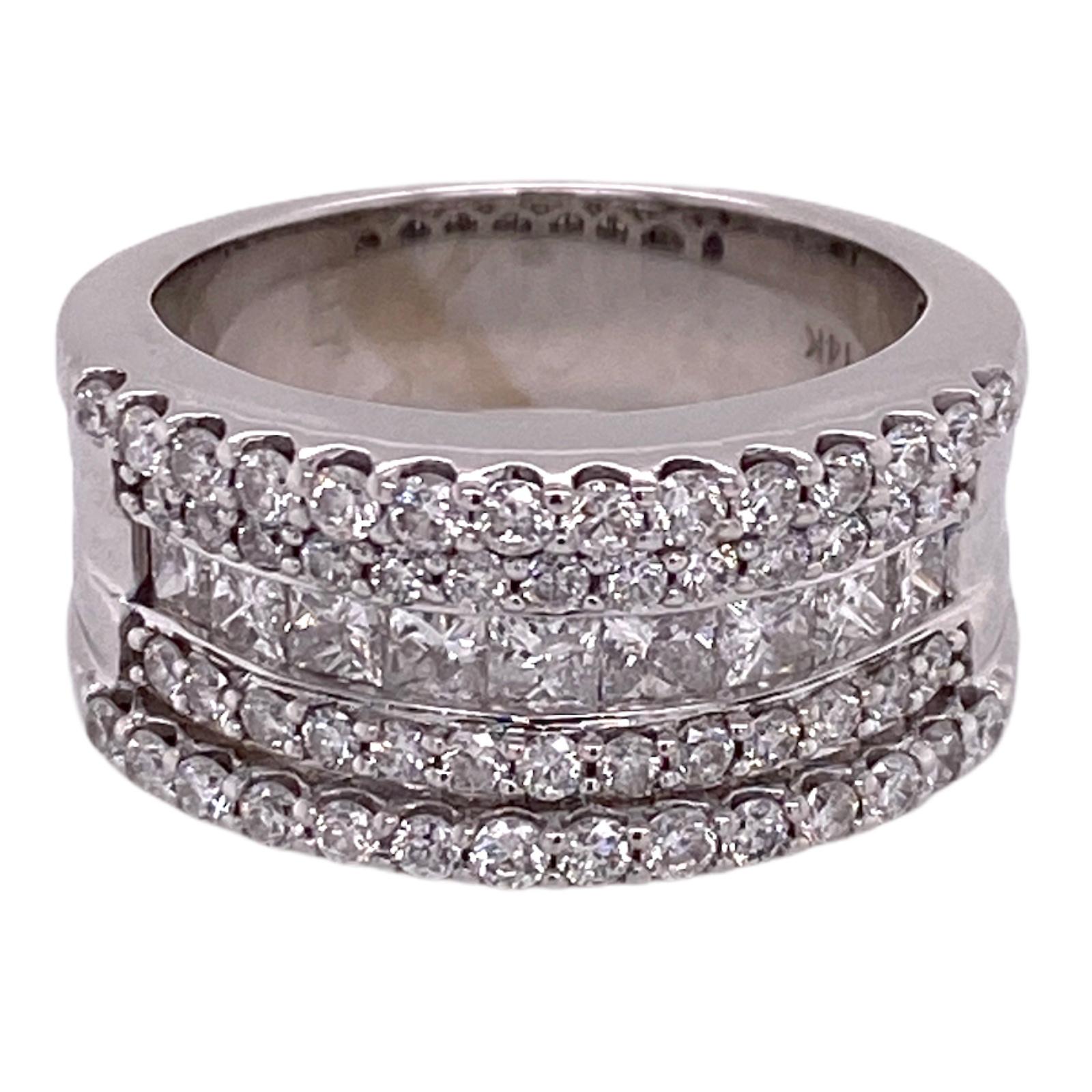 Round Cut Diamond 14 Karat White Gold 5-Row Wide Wedding Anniversary Band Ring