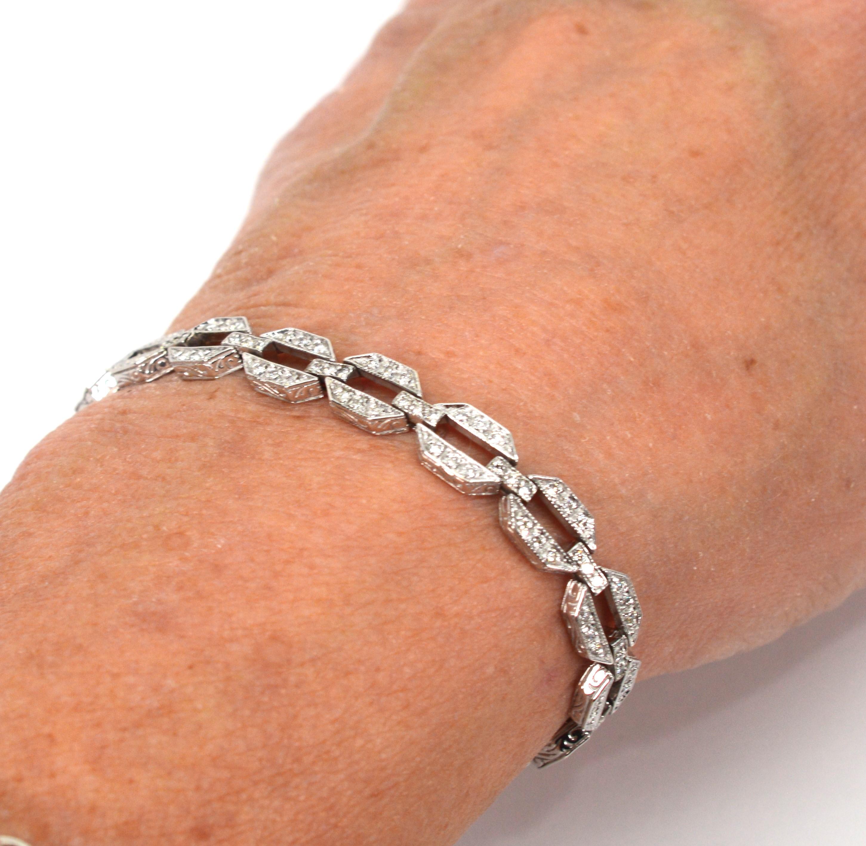 Art Deco Diamond 14 Karat White Gold Hexagon Link Tennis Bracelet For Sale