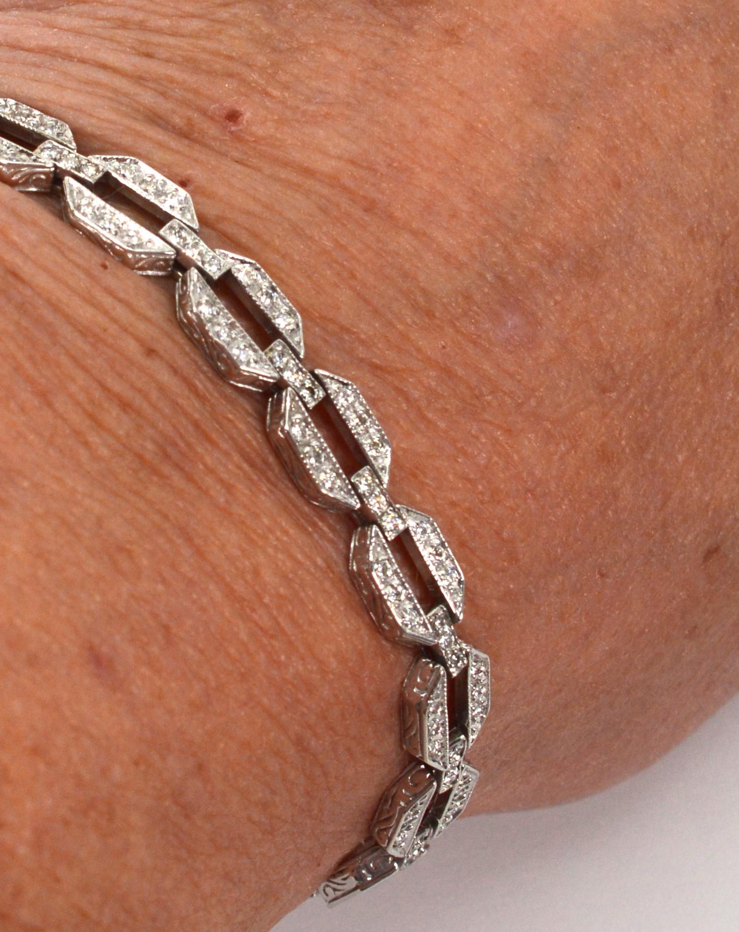 Diamond 14 Karat White Gold Hexagon Link Tennis Bracelet For Sale 1
