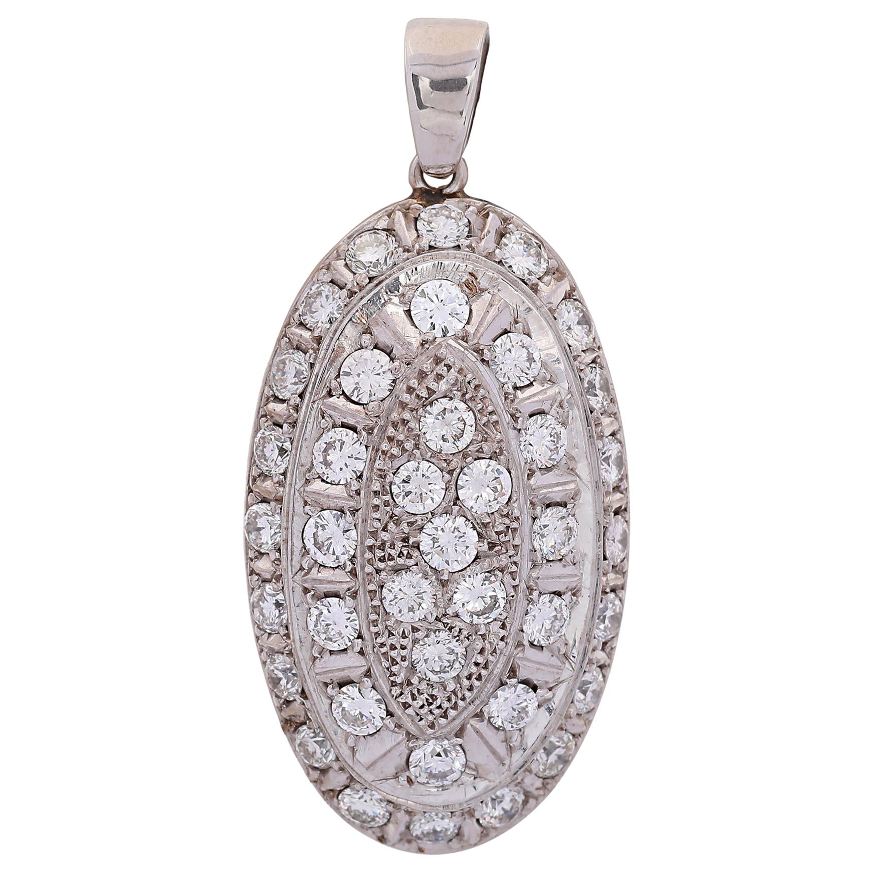 Cluster Diamond 14 Karat White Gold Oval Pendant