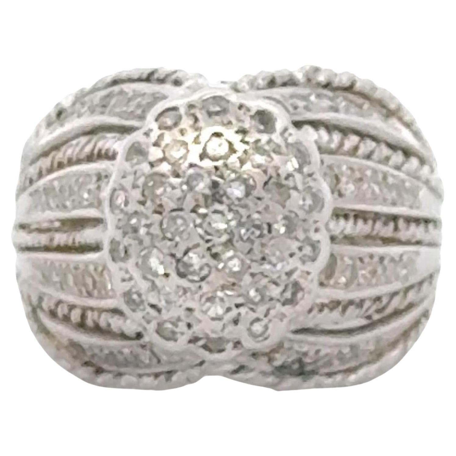 Diamond 14 Karat White Gold Textured Cluster Dome Ring For Sale