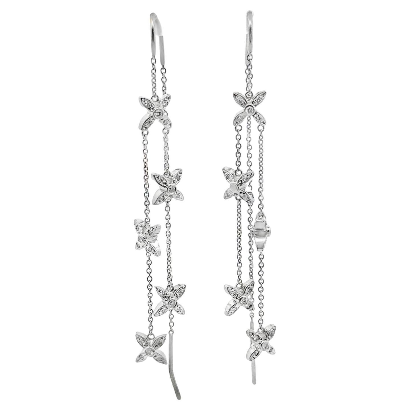 Diamond 14 Karat White Gold Threader Star Drop Dangle Modern Earrings