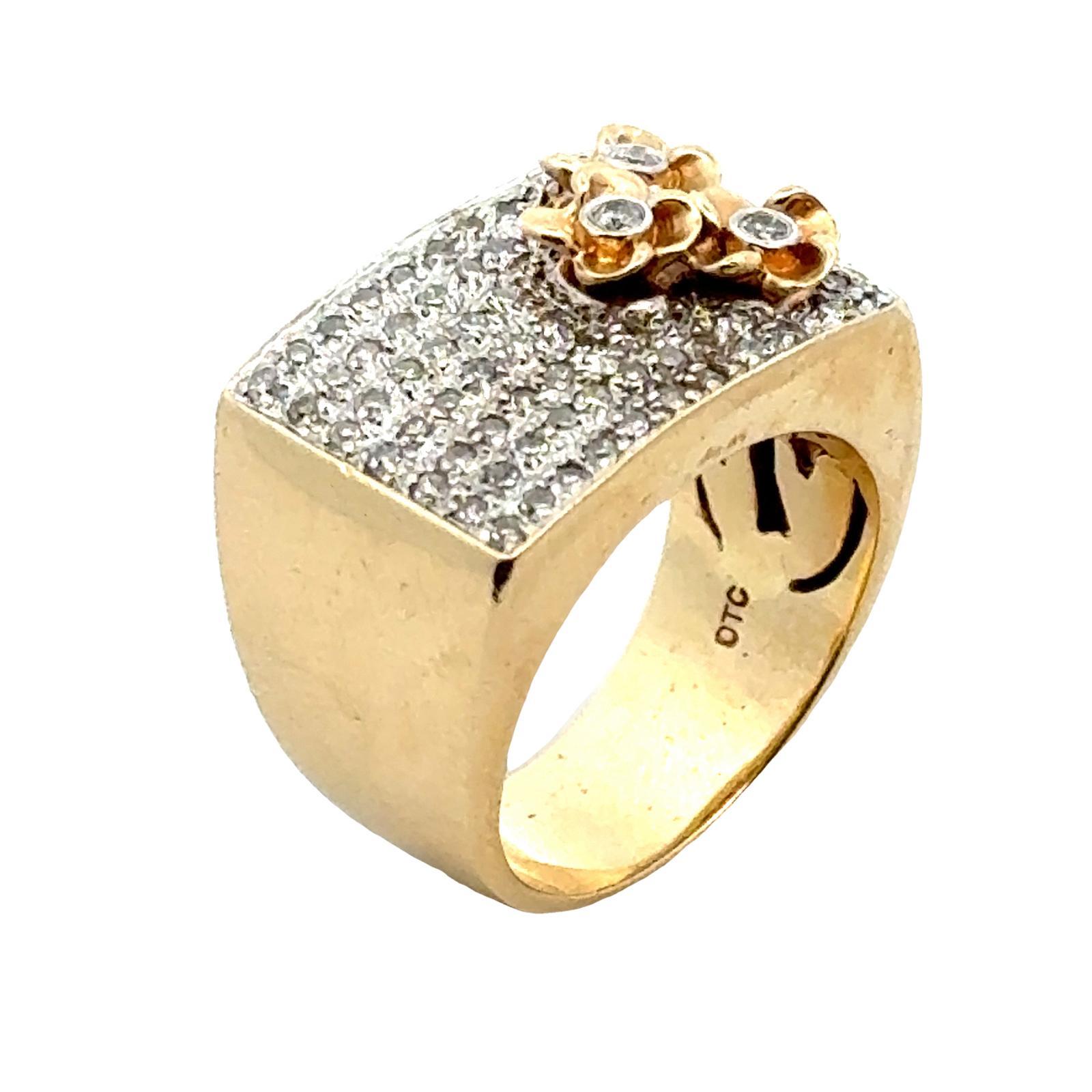 Single Cut Diamond 14 Karat Yellow Gold Floral Motif Rectangular Vintage Ring For Sale