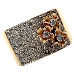 Rechteckiger Vintage-Ring, Diamant 14 Karat Gelbgold mit Blumenmotiv