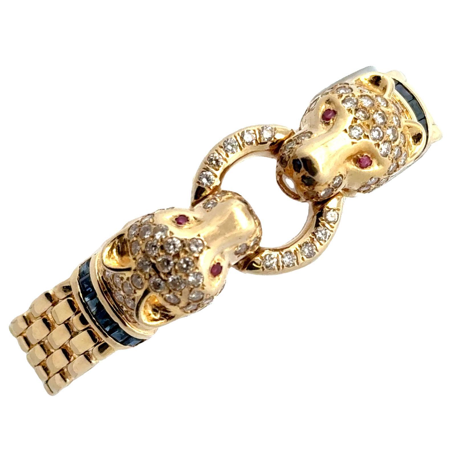 Diamond 14 Karat Yellow Gold Panther Bracelet Accent Rubies & Sapphires For Sale 4
