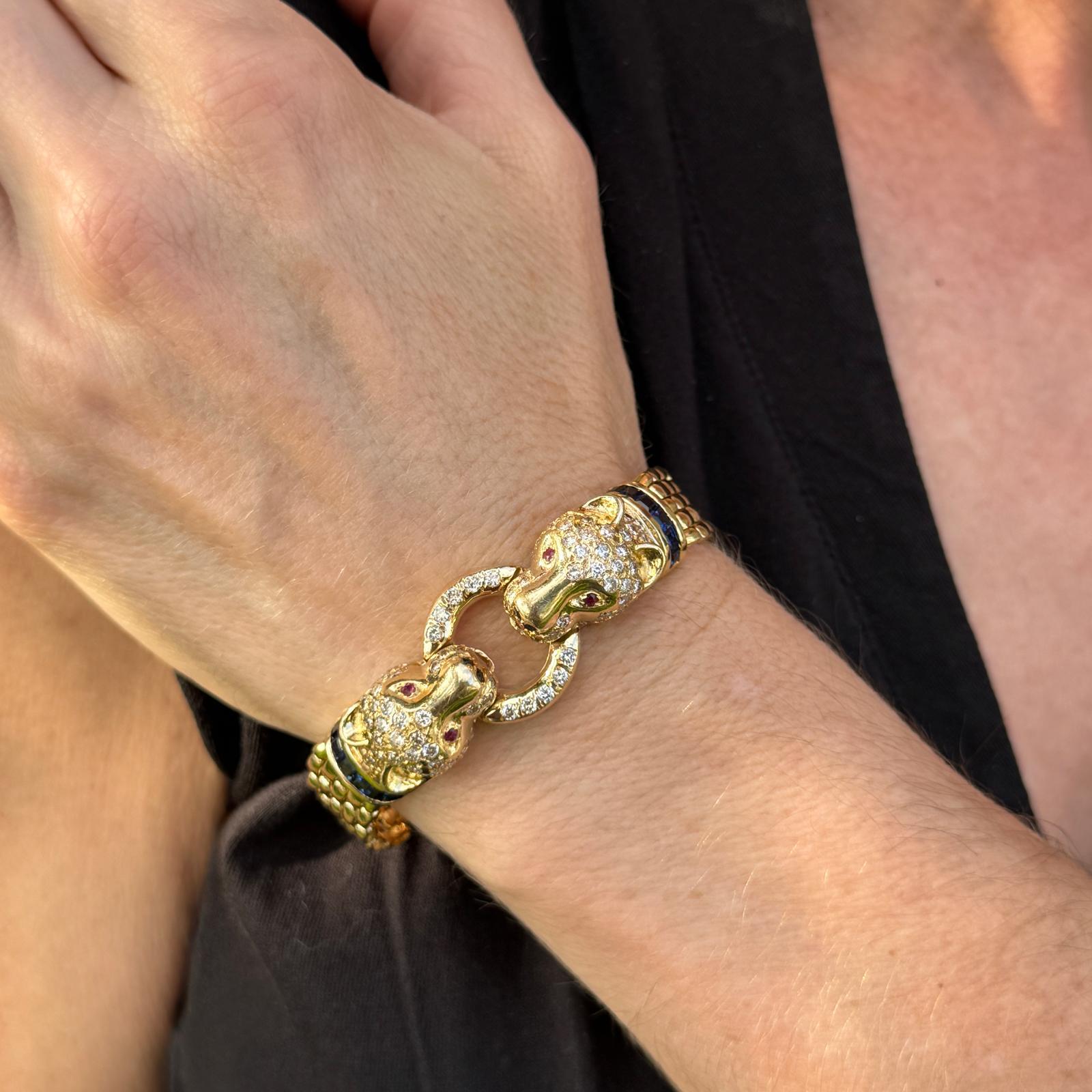 Brilliant Cut Diamond 14 Karat Yellow Gold Panther Bracelet Accent Rubies & Sapphires For Sale