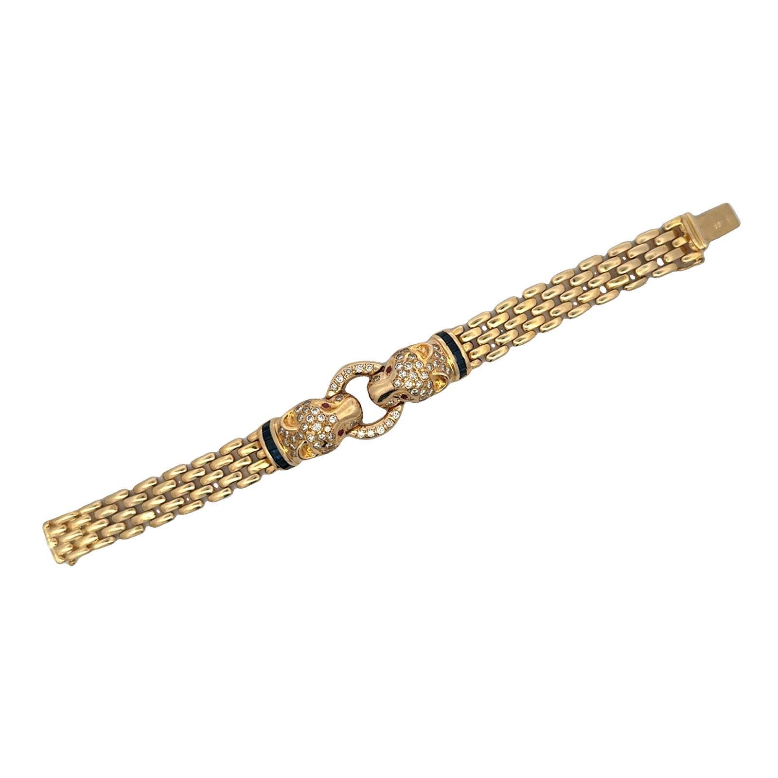 Diamond 14 Karat Yellow Gold Panther Bracelet Accent Rubies & Sapphires In Excellent Condition For Sale In Boca Raton, FL