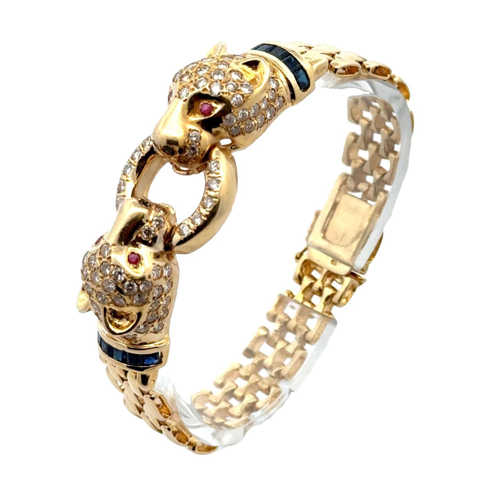 Women's Diamond 14 Karat Yellow Gold Panther Bracelet Accent Rubies & Sapphires For Sale