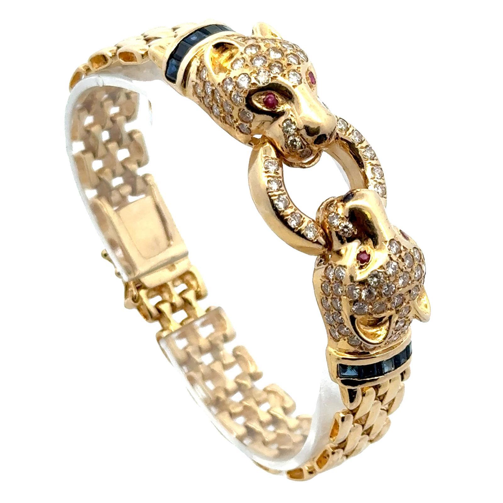 Diamond 14 Karat Yellow Gold Panther Bracelet Accent Rubies & Sapphires For Sale 1