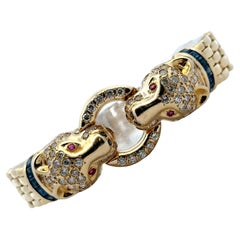 Diamant 14 Karat Gelbgold Panther-Armband Akzent Rubine & Saphire Diamant