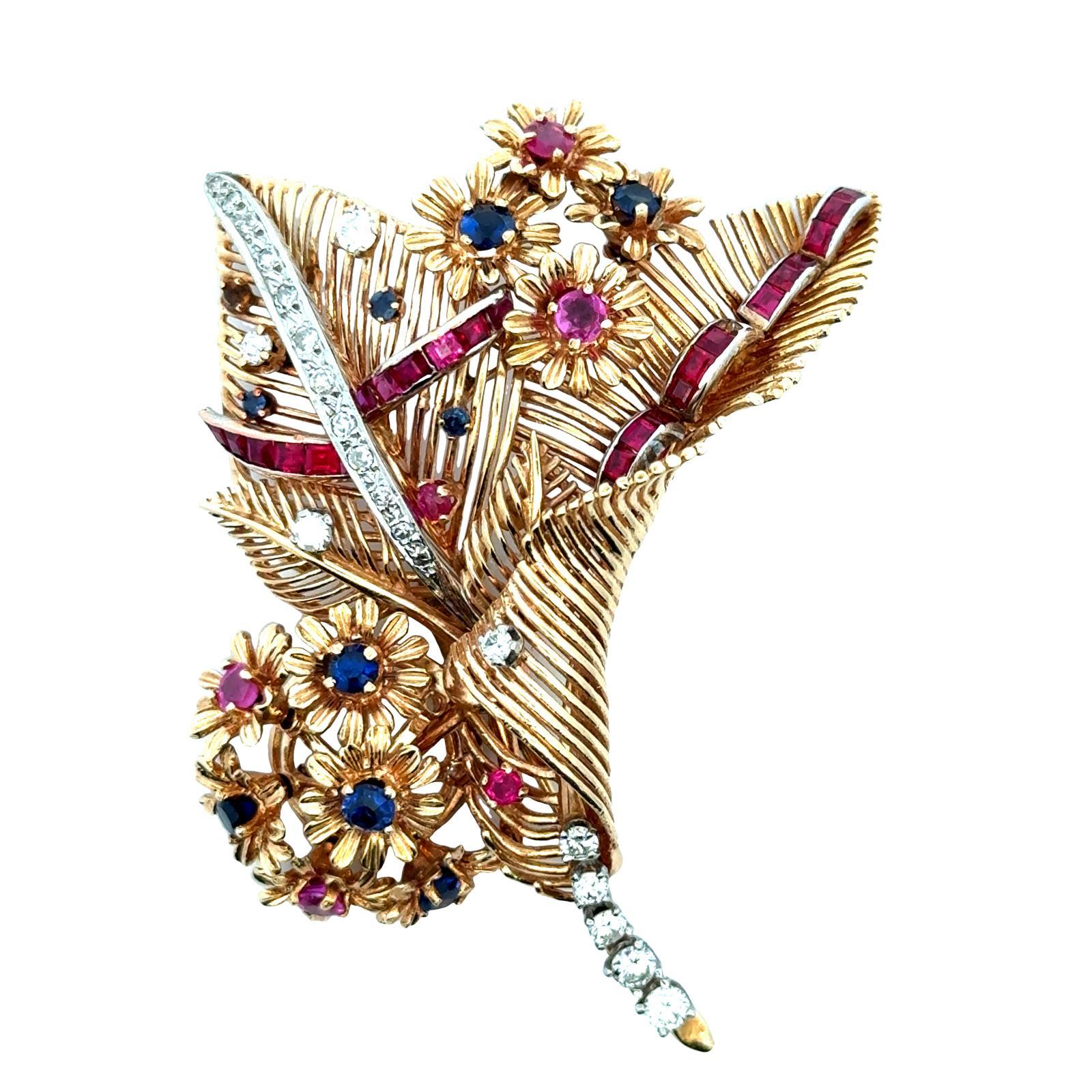 Vitnage-Brosche, Diamant 14 Karat Gelbgold Tremblant-Blumenmotiv mit Blumenmotiv (Zeitgenössisch) im Angebot