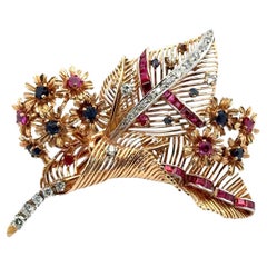 Vitnage-Brosche, Diamant 14 Karat Gelbgold Tremblant-Blumenmotiv mit Blumenmotiv