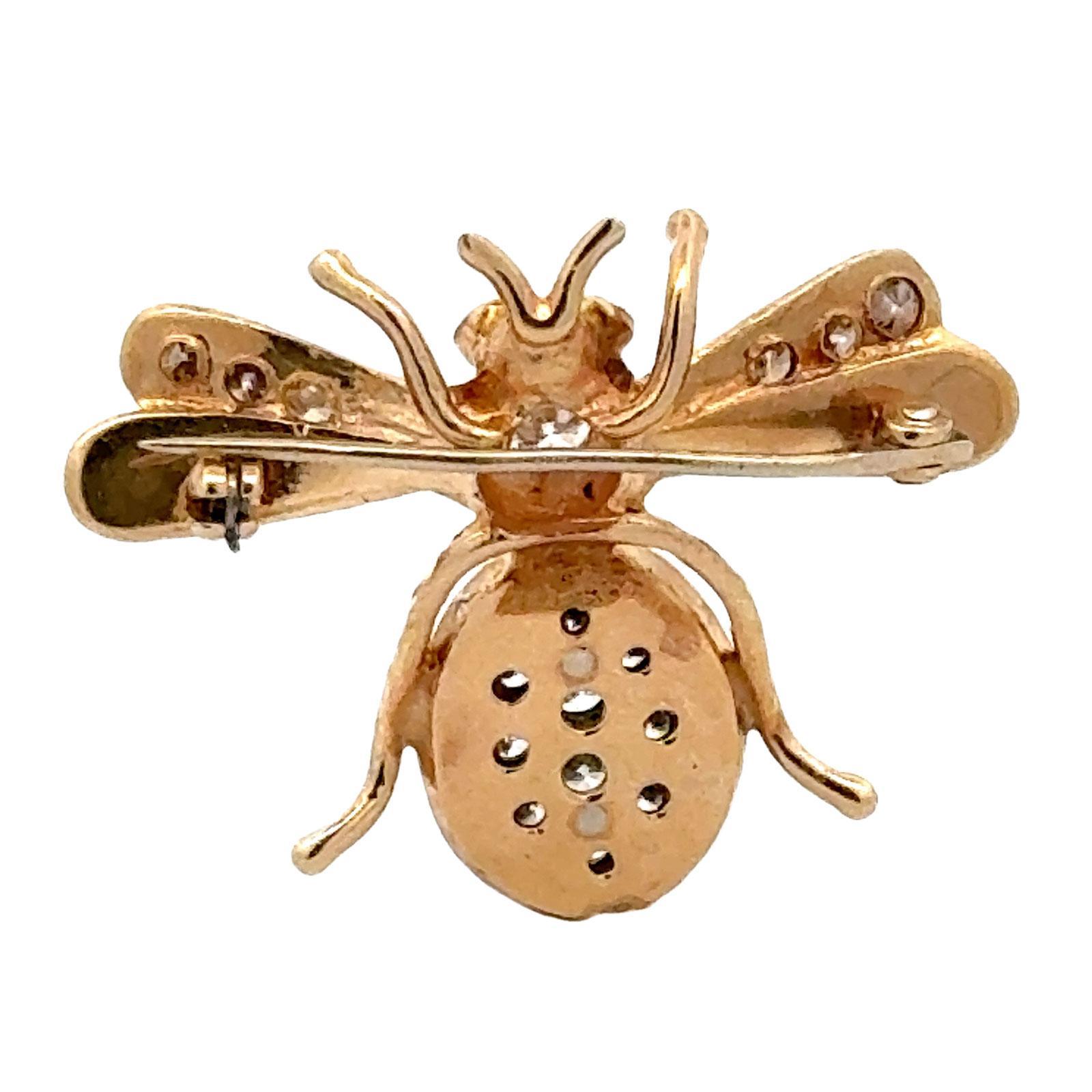 Round Cut Diamond 14 Karat Yellow Gold Vintage Bee Brooch Pin