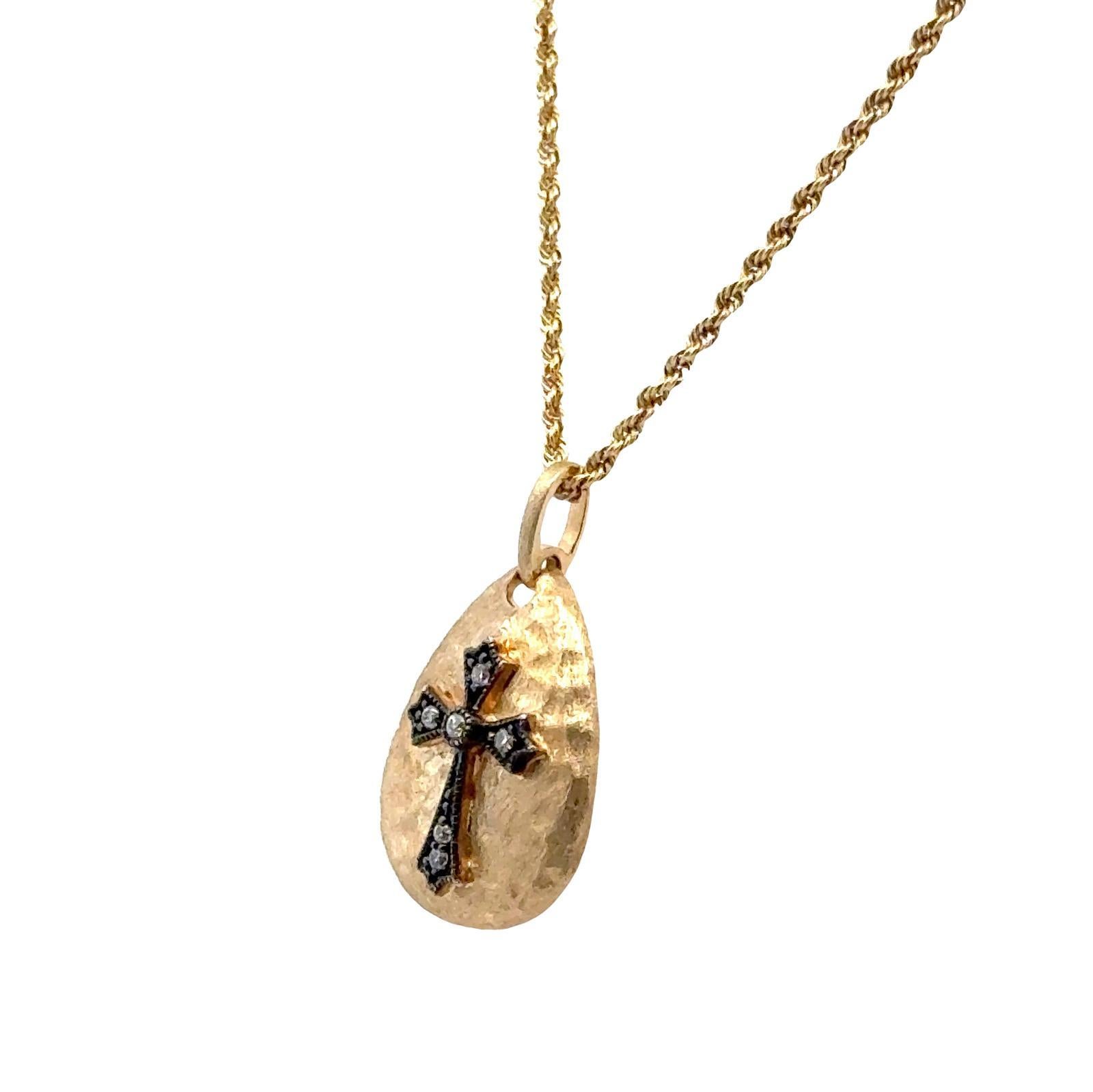 Modern Diamond 14 Karat Yellow Hammered Gold Cross Pendant Necklace For Sale