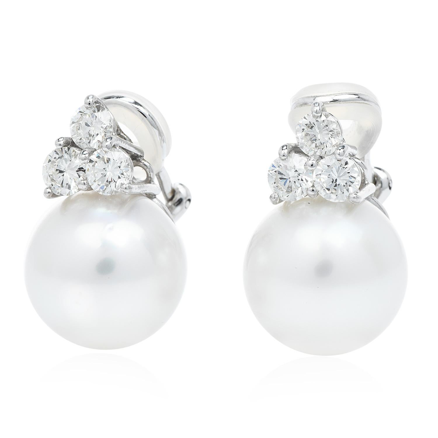 Modern  Diamond 14.5 mm South Sea Pearl 18K White Gold Classic Clip On Earrings