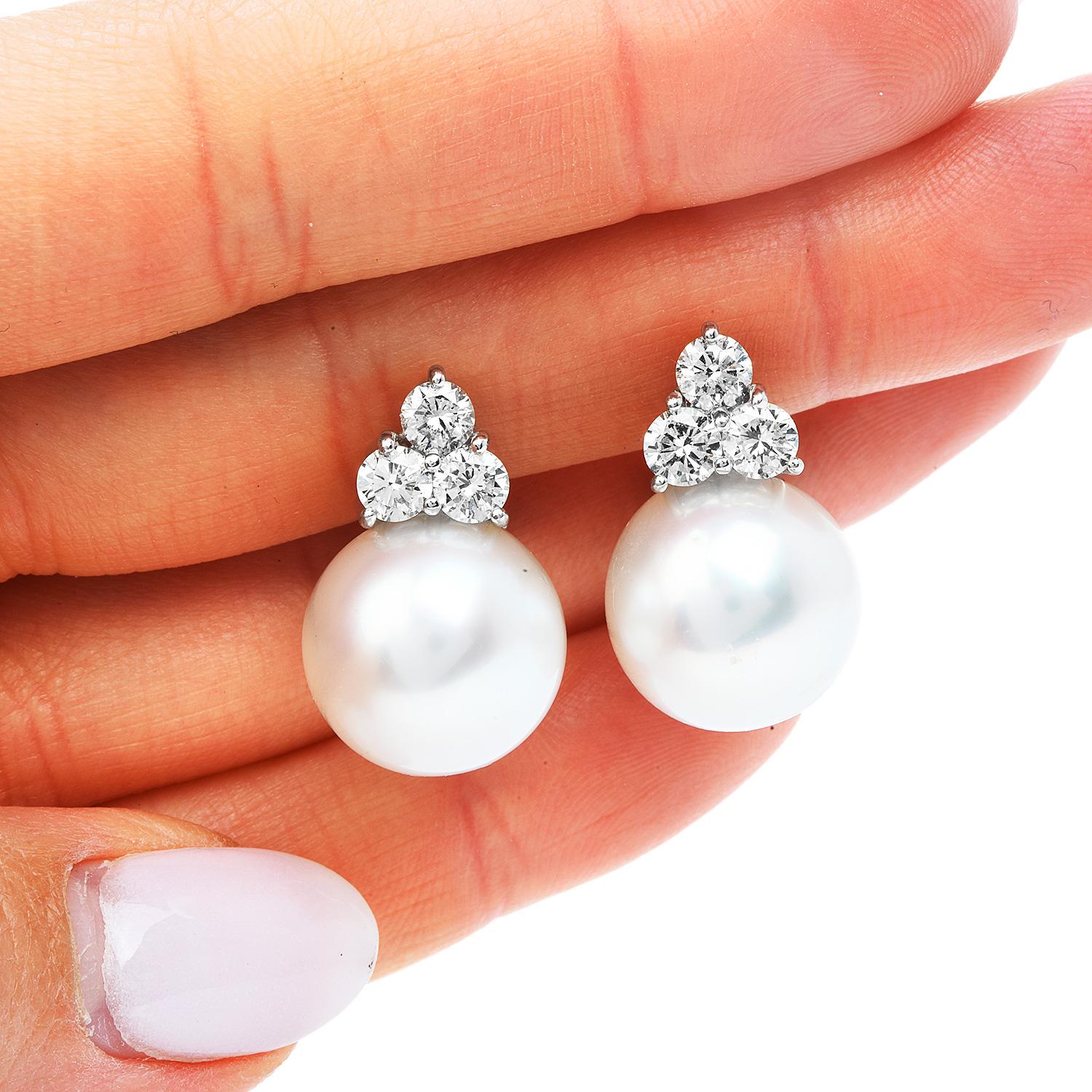  Diamond 14.5 mm South Sea Pearl 18K White Gold Classic Clip On Earrings In Excellent Condition In Miami, FL