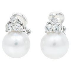  Diamond 14.5 mm South Sea Pearl 18K White Gold Classic Clip On Earrings