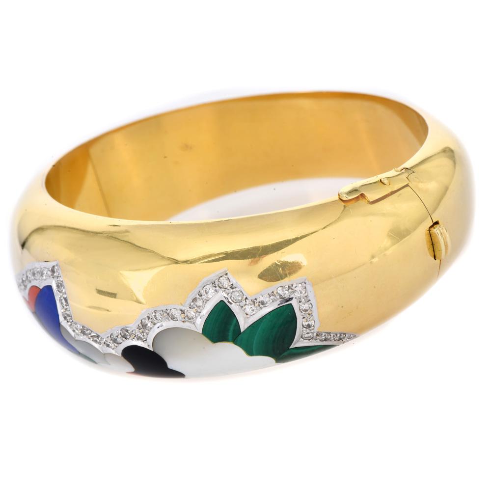 Donna Bracciale a bracciale a cupola larga con intarsio in oro 14K con diamante in vendita